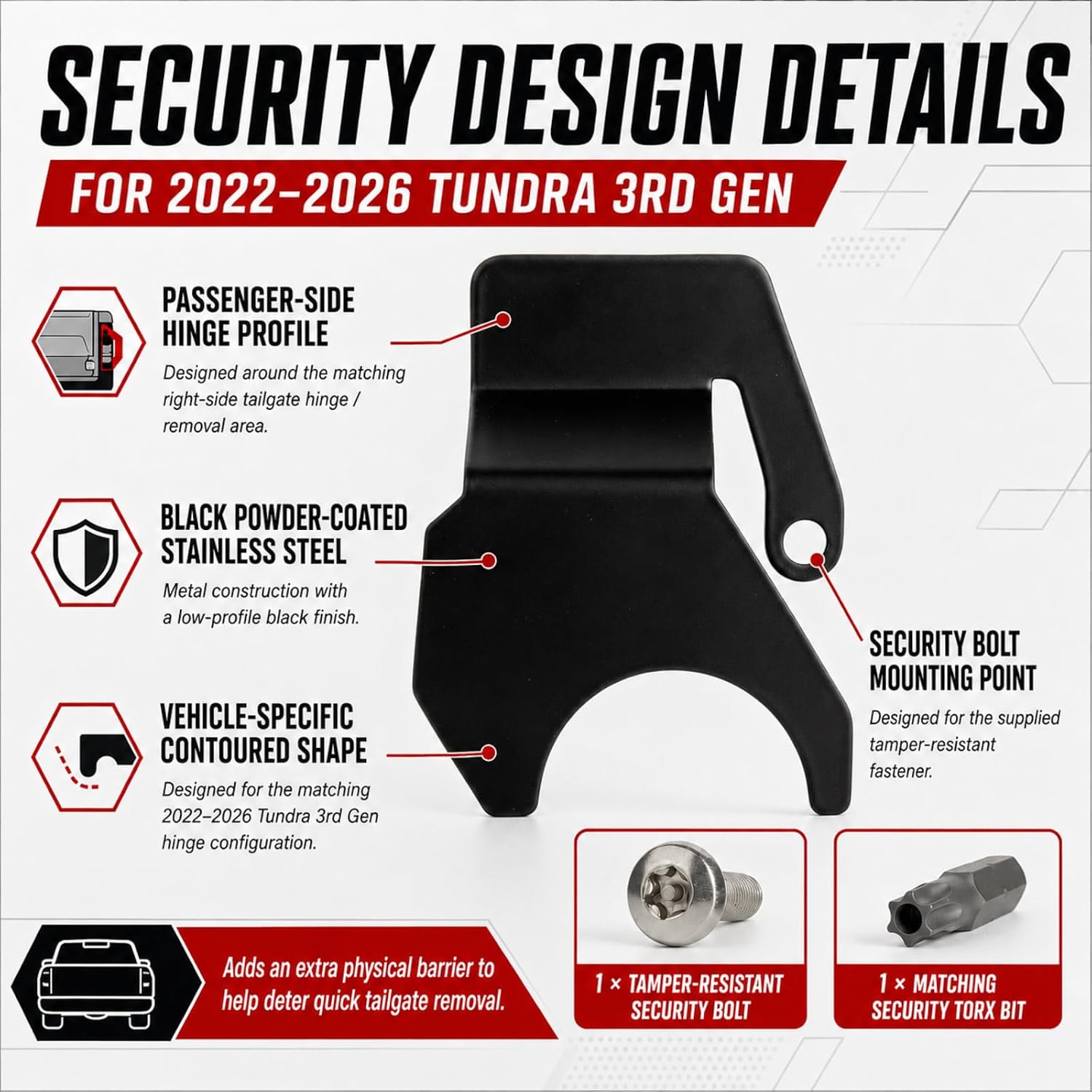 Tailgate Anti-Theft Bracket Compatible with 2022-2026 Toyota Tundra, Passenger-Side Hinge Protector with Security Bolt and Torx Bit, Black