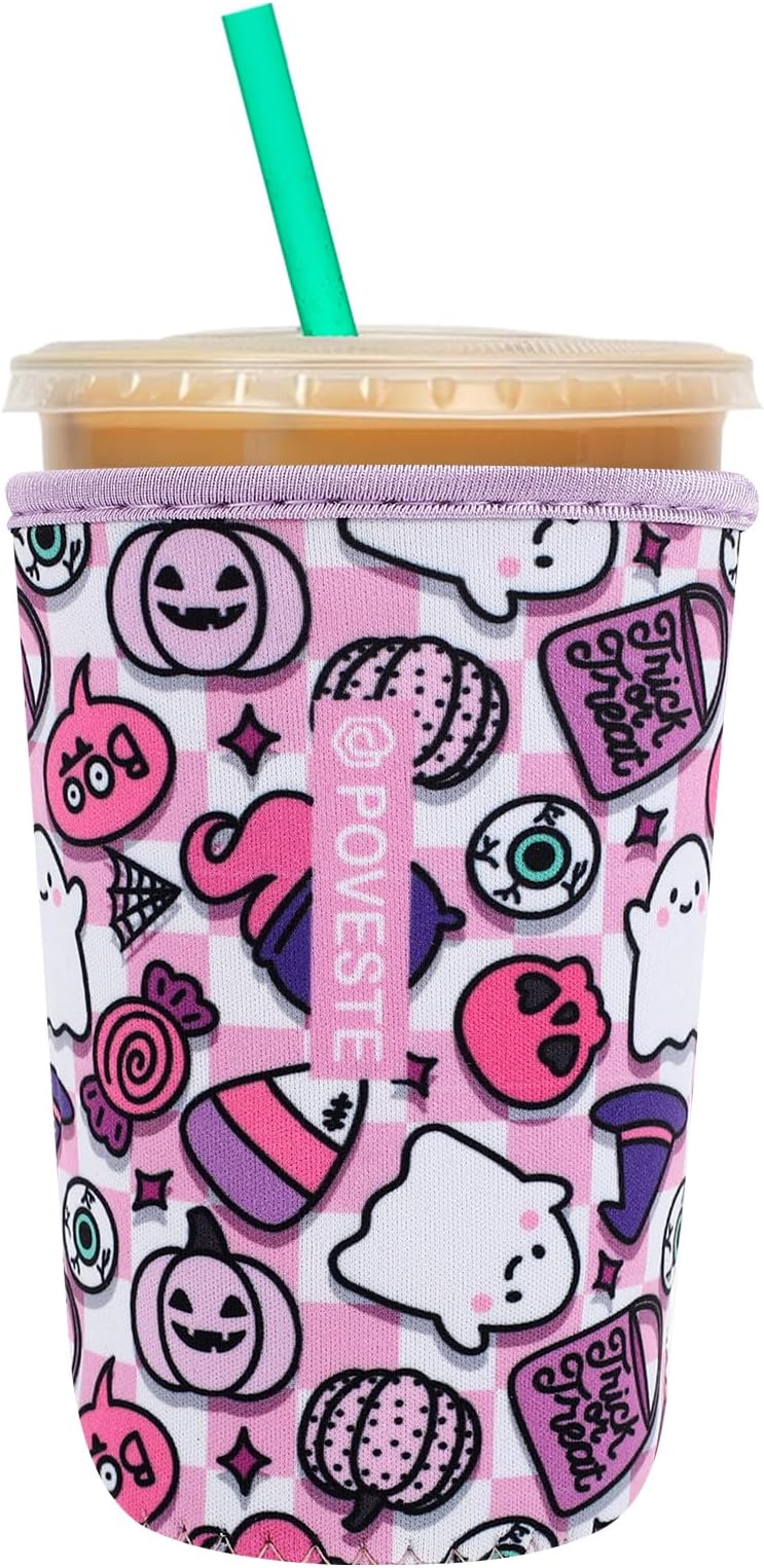 Reusable Neoprene Insulator Sleeve for Iced Coffee & Cold Soda, Coffee Sleeves for Iced & Hot Drinks, Cold Beverage Cooler Compatible with Starbucks, Dunkin (Checkerboard Halloween, Medium: 22-24oz)