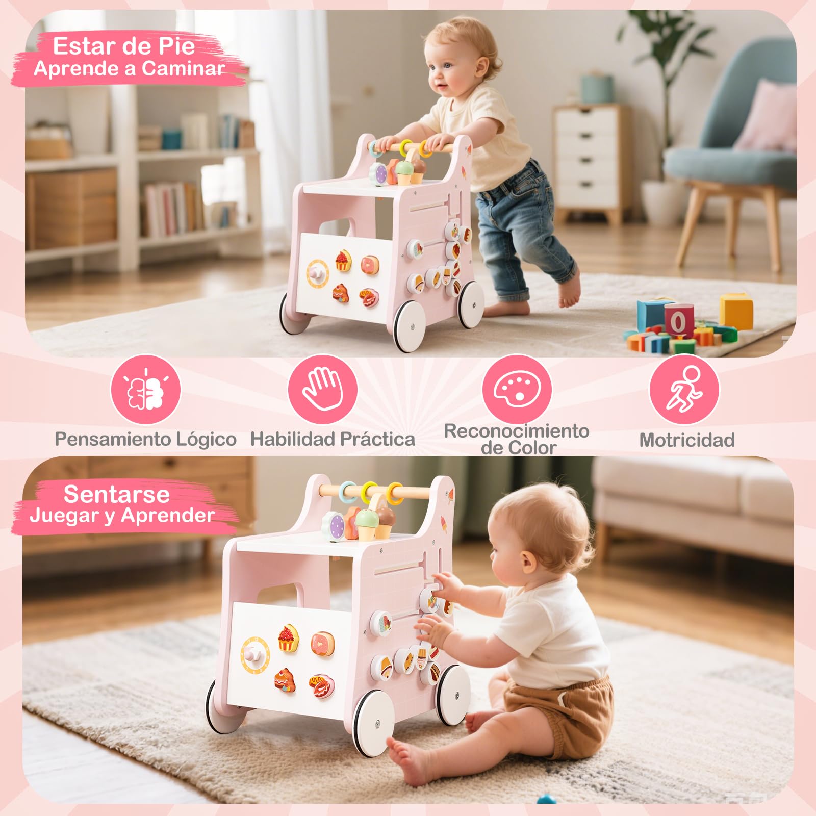 GOPLUS Andador de Madera 2 en 1 para Bebés, Juguete de Empujar Montessori, Carrito de Helados con Accesorios Interactivos, Ruedas Antideslizantes, Centro de Actividades para 1+ Años (Rosa)
