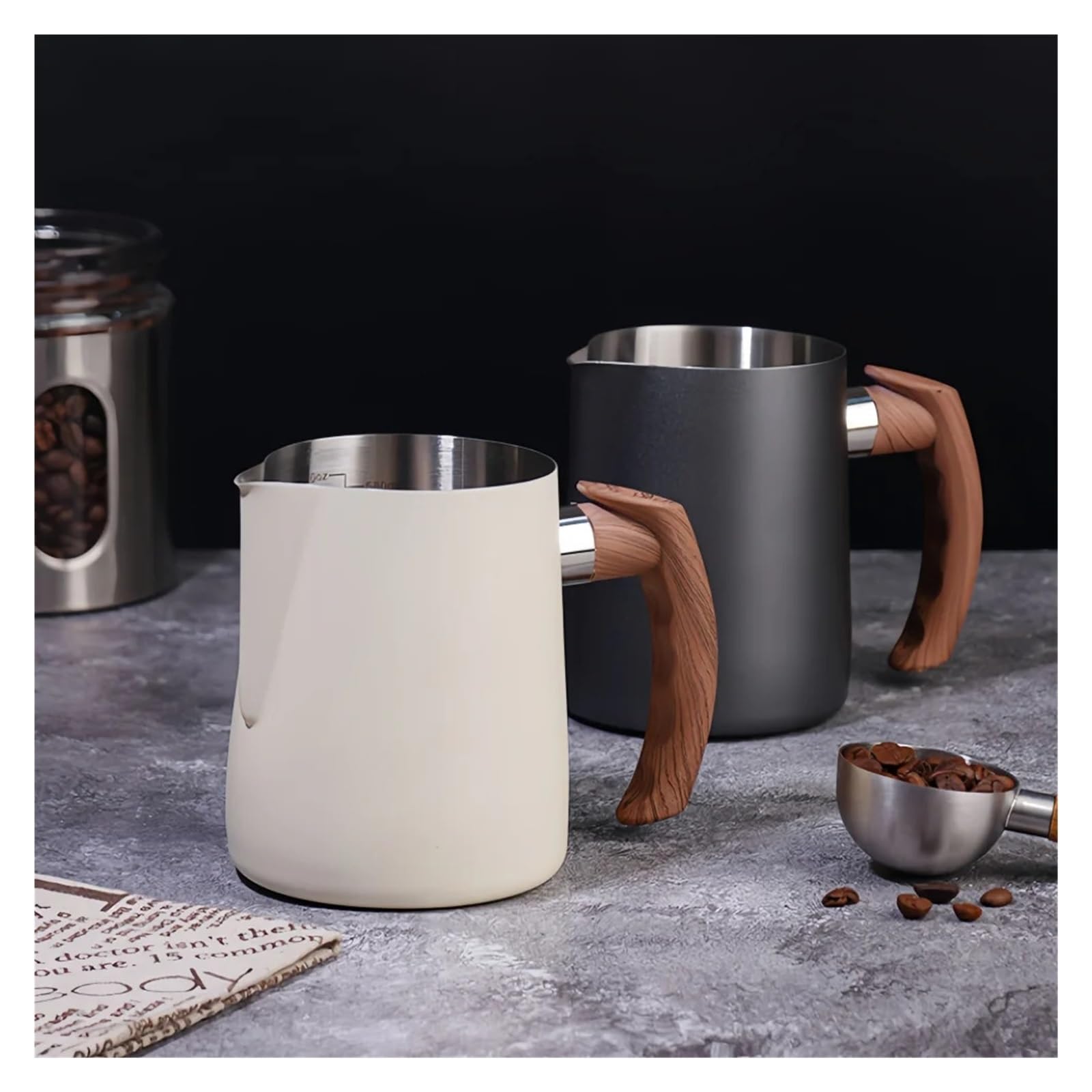 Jarra de espuma café y leche 600ml, jarra medidora con mango madera acero inoxidable 304, utensilios(Beige)
