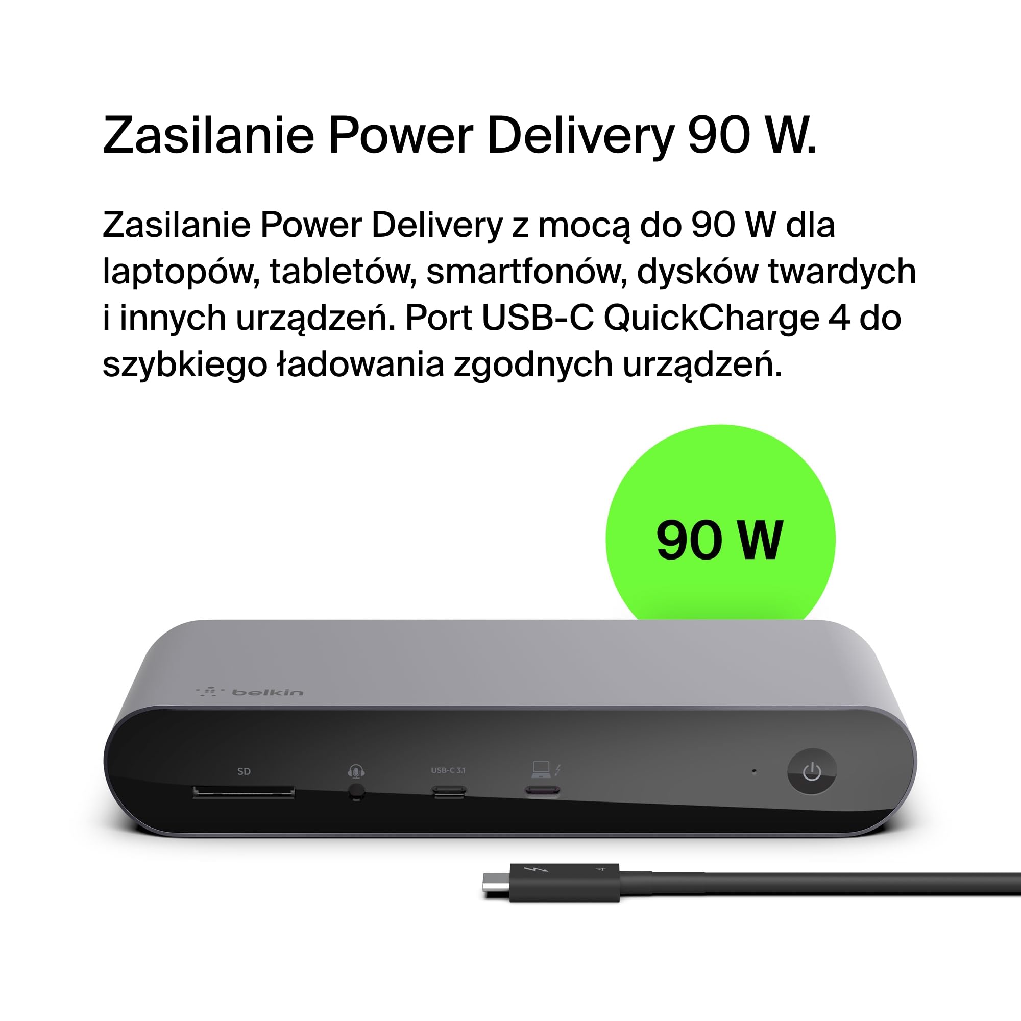 Belkin Thunderbolt 4 Dock Pro, odpowiedni dla 1 monitora (8K @ 60Hz) lub 2 monitorów (4K), 2 porty Thunderbolt 4, 2 porty HDMI, 90W PD, wejście/wyjście audio, w tym MacBook Pro i XPS, Szary
