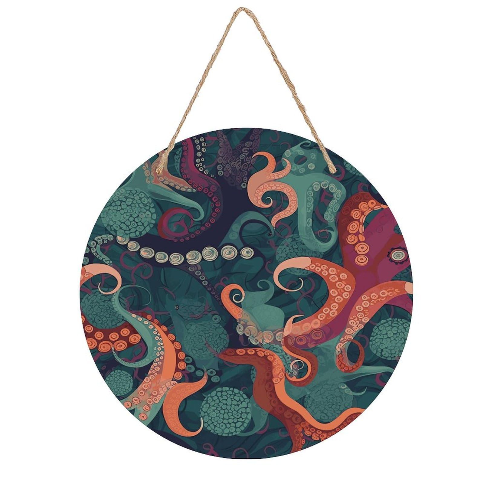 FekiLoot Abstract Octopus Wall Art Decor Round Wood Hanging Sign Decoration Wooden Circle Door Sign Round Hanging Decorative Wood Plaque Door Hanger for Home Outdoor Indoor Decoration