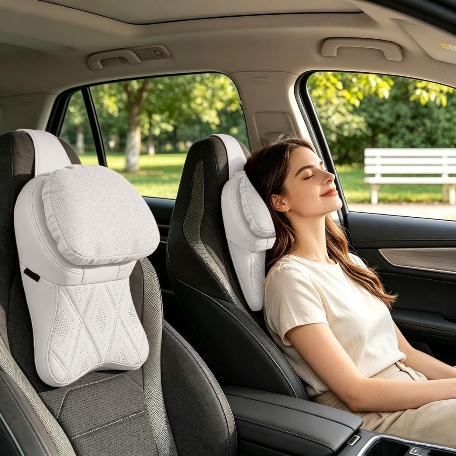 Aviation-Grade Pu Leather Car Headrest, Memory Foam Neck Pillow for Driving Seat Car Headrest Pillow/Gaming Chair Pillow Ergonomic Design Neck Support Pillow Universal Type (White)