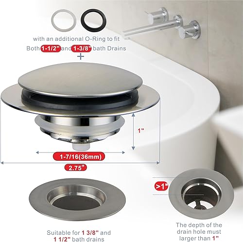 Vista 2 de Brushed Bathtub Drain Stopper,Universal Pop Up Bath Drain, Hidrop Tip Toe Tub Drain Stopper,Conversion Kit Assembly, Replaces Lift and Turn,Tip-Toe