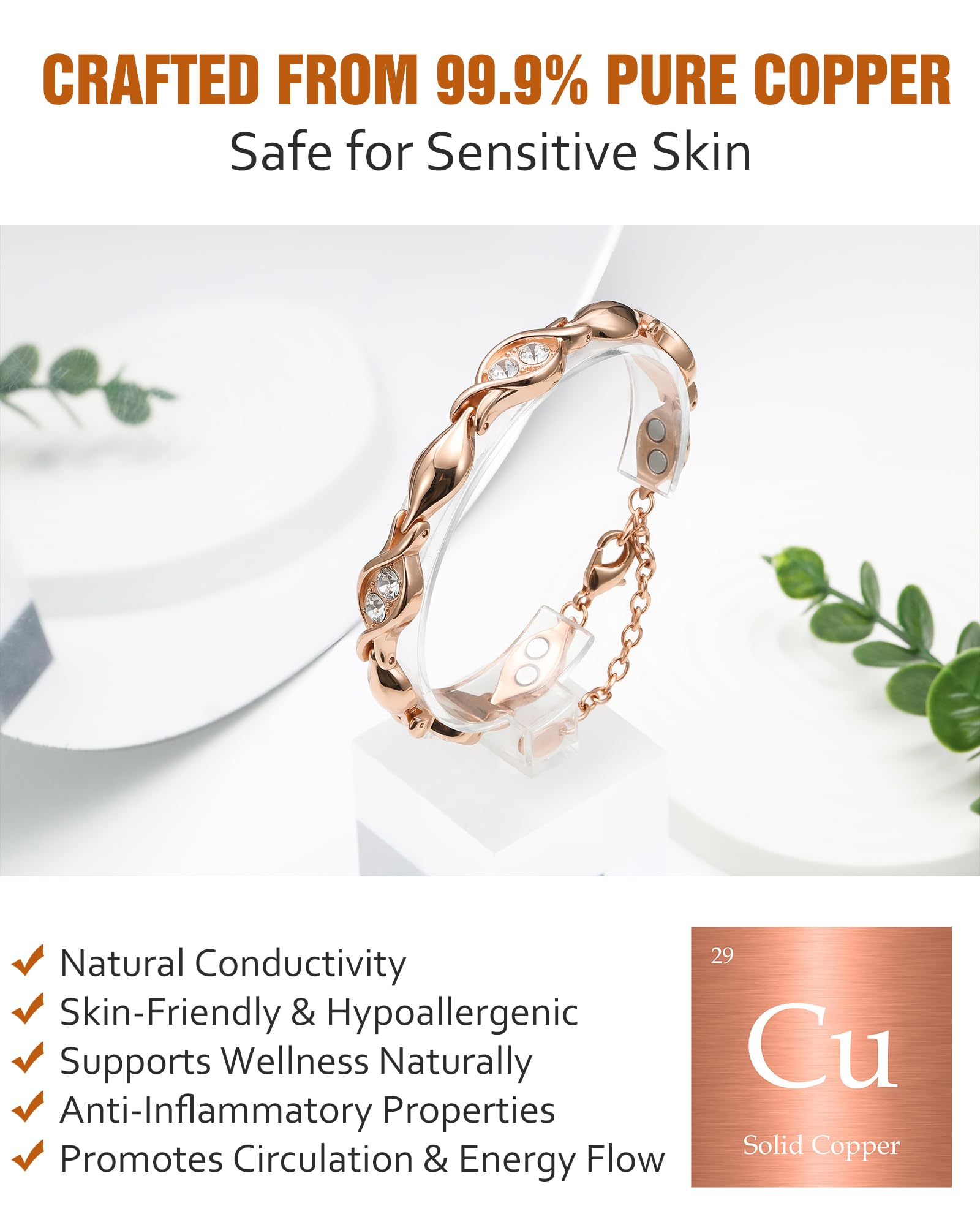 Jecanori Bracelets en cuivre pur pour femme, bracelet magnétique ultra résistant pour femme avec aimant de 3800 gauss et pierre de cristaux autrichiens éblouissants, cadeau en cuivre