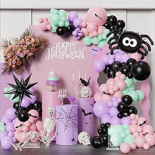 150Pcs Halloween Balloon Arch Kit, Pink Black Purple Balloons with Spider Explosion Star Foil Balloons Bat Stickers for Halloween Trick or Treat Girls Birthday Baby Shower Spooky Boo Party Decorations