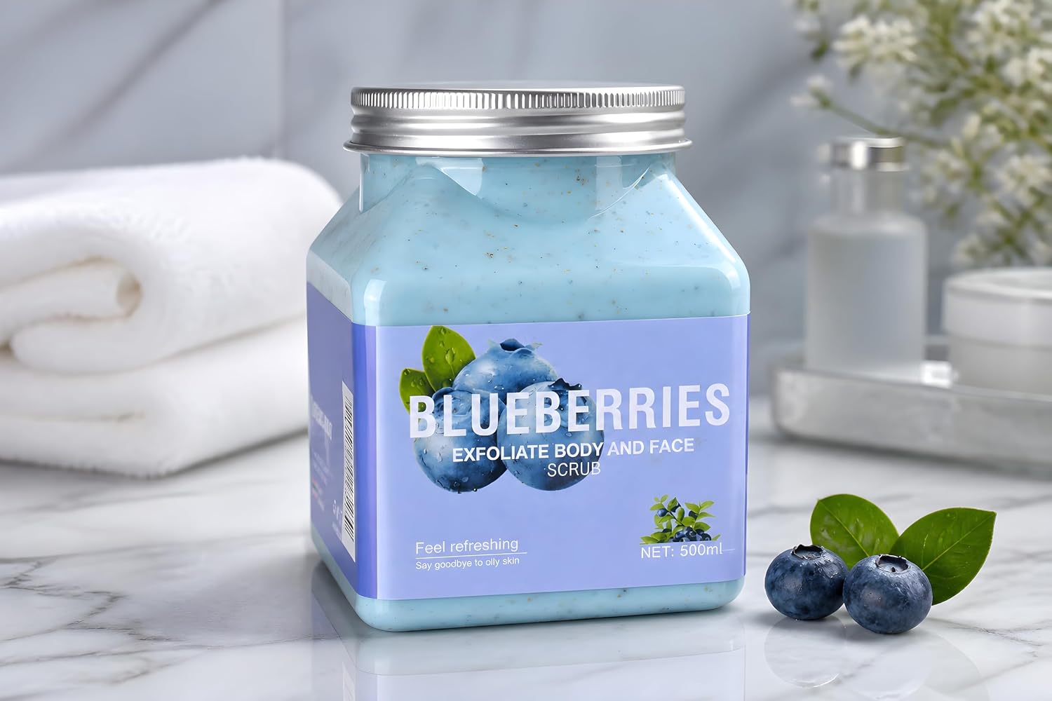 Blueberries Exfoliating Body and Face Scrub, Unisex, 500ml Jar | Physical Exfoliant, Oily Skin Treatment