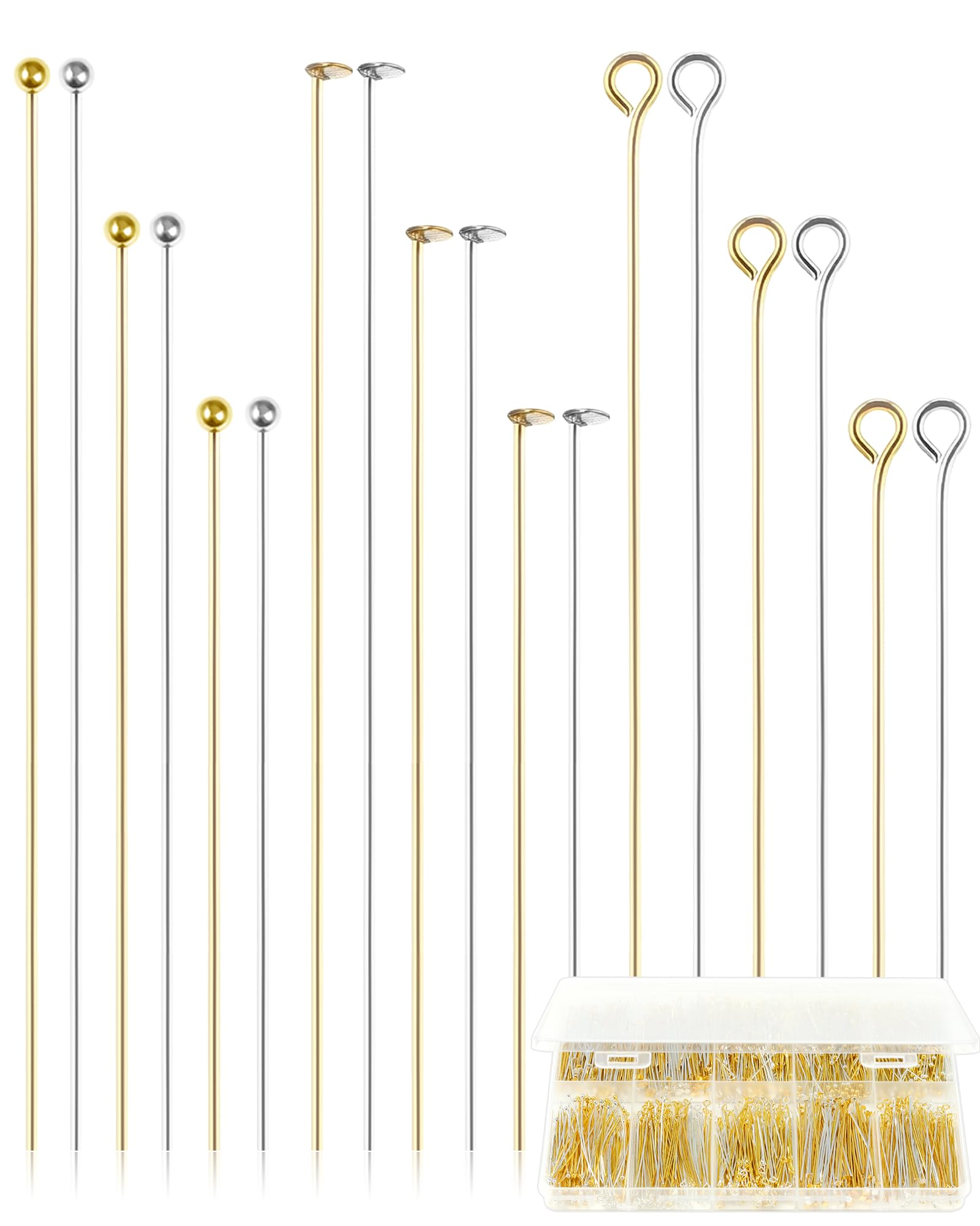 FIVEIZERO 900 PCS Eye Pins and Flat Head Pins for Jewelry Making, Metal Eyepins, Headpins & Ball Head Pins for DIY Earrings, Necklaces, Bracelets, Pendants, 1.2