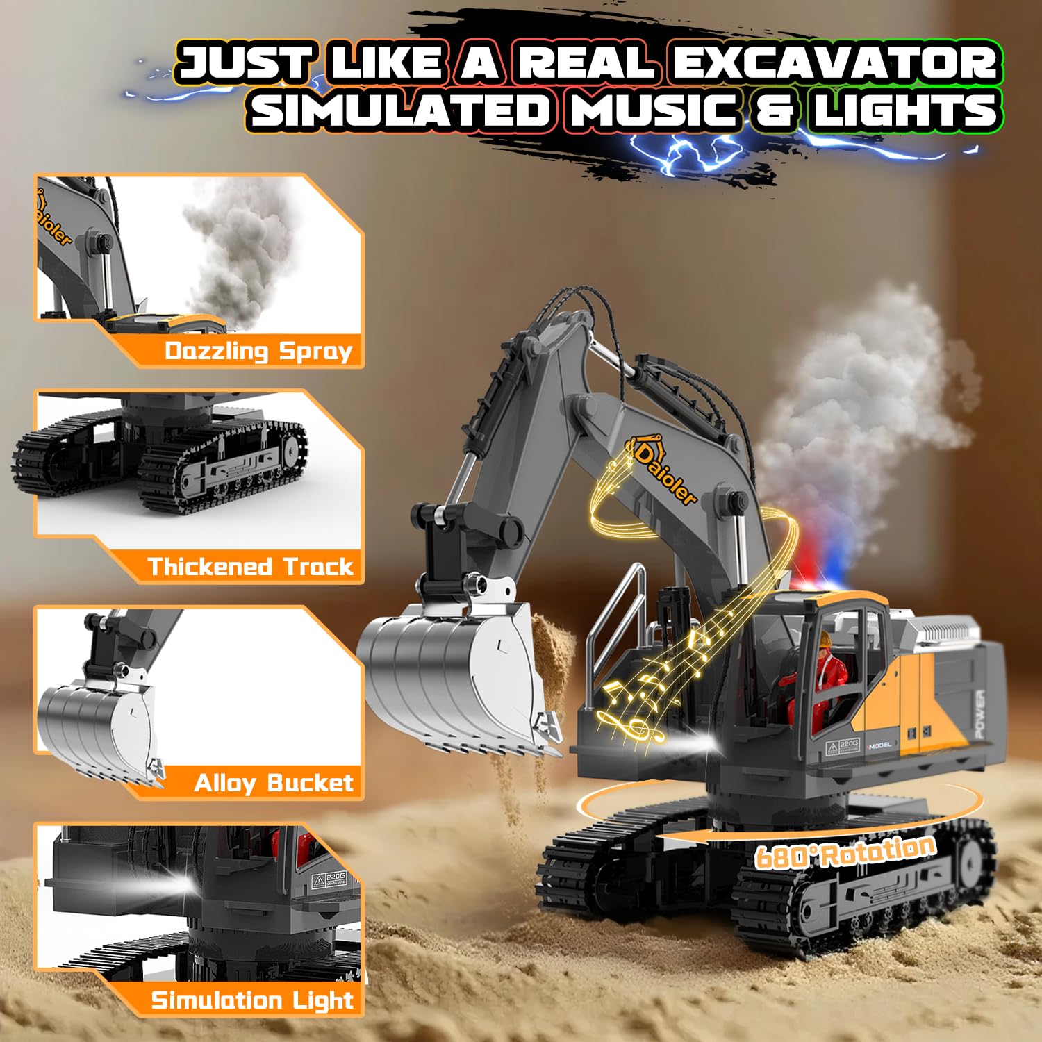 Rc Escavatore giocattolo da costruzione per bambini 3-12, auto telecomandata con spray, pala in metallo /3 × batteria /680° rotazione/luce, escavatore idraulico per ragazzi compleanno