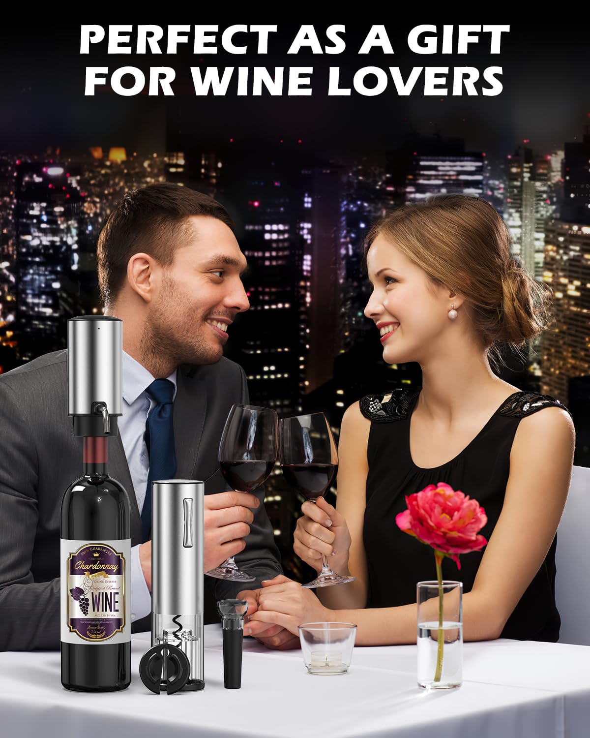 Juego de abridor de vino eléctrico, abridor eléctrico de botellas de vino 4 en 1, abridor de sacacorchos recargable con aireador, cortador de lámina, tapón al vacío, regalo ideal para amantes 7