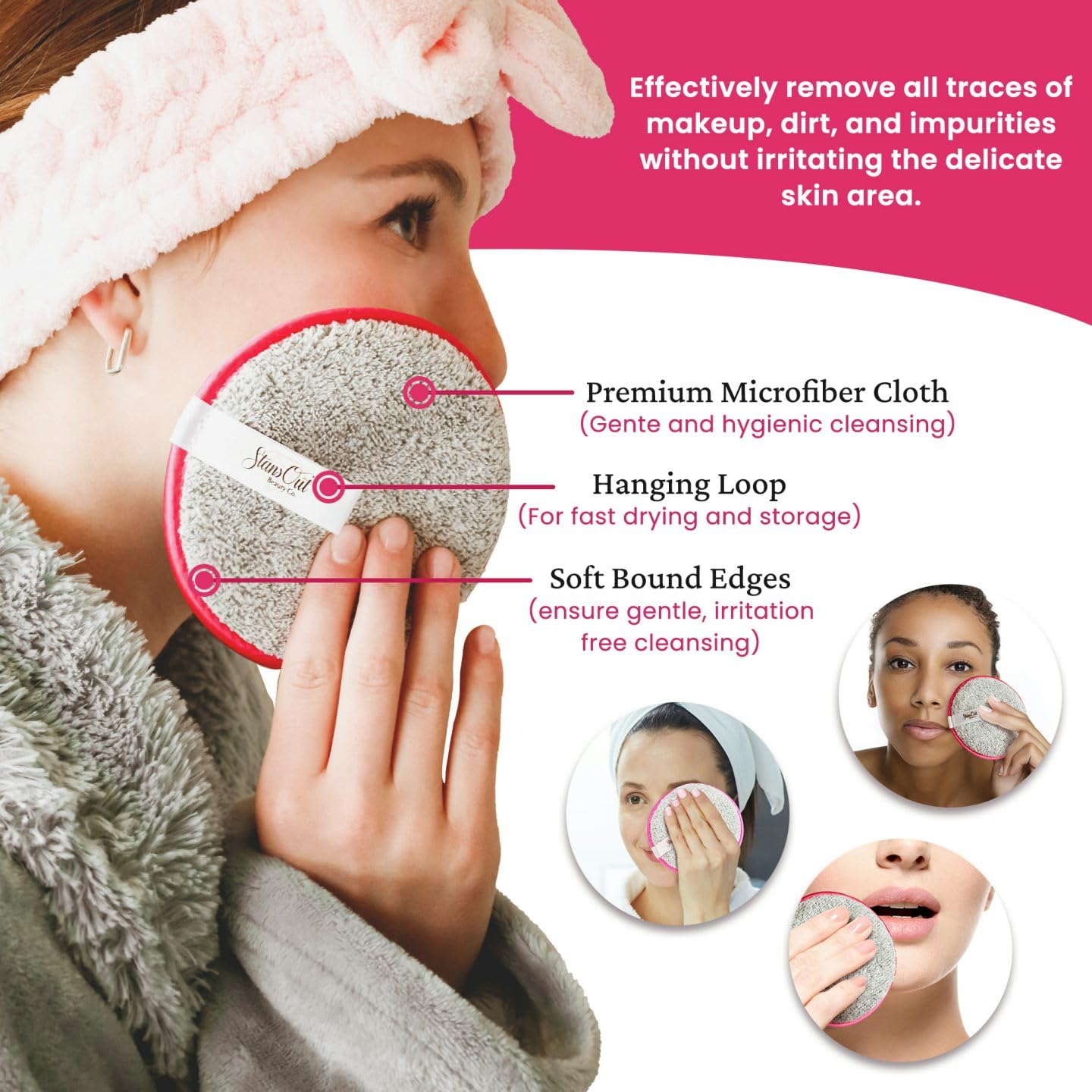 StansOut Beauty Makeup Removing Rounds - Reusable Face Pads, Microfiber Cloth - Washable Makeup Remover Pads - Facial Cleansing Cloths - Gentle & Effective - Travel-Friendly - 3 Pack