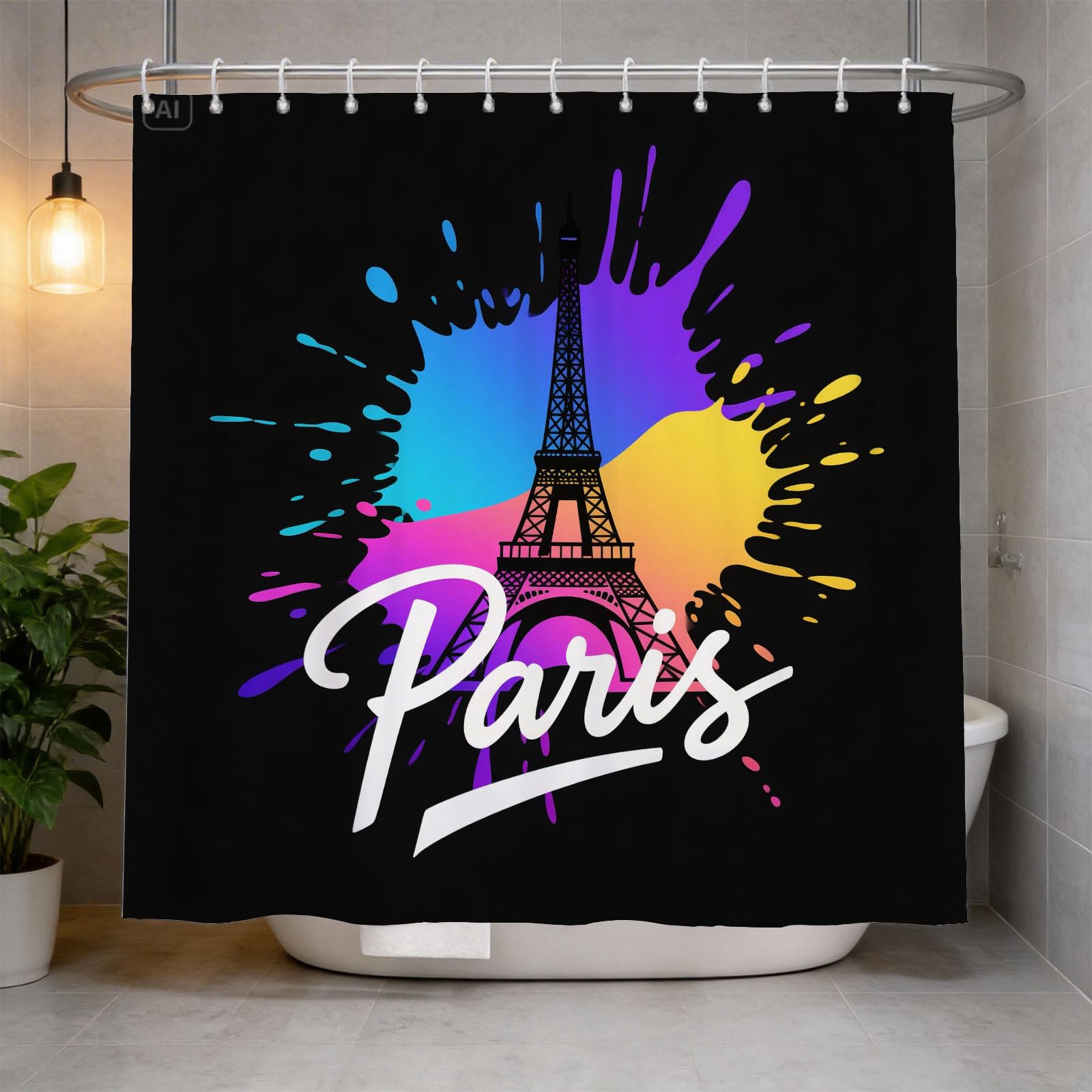 Hongduo 3D Eiffel Tower Shower Curtain for Stalls Bathtubs City Landmark Bathroom Decor Shower Curtain Set Polyester Fabric Waterproof 200x200cm/79X79 Inch with Hooks
