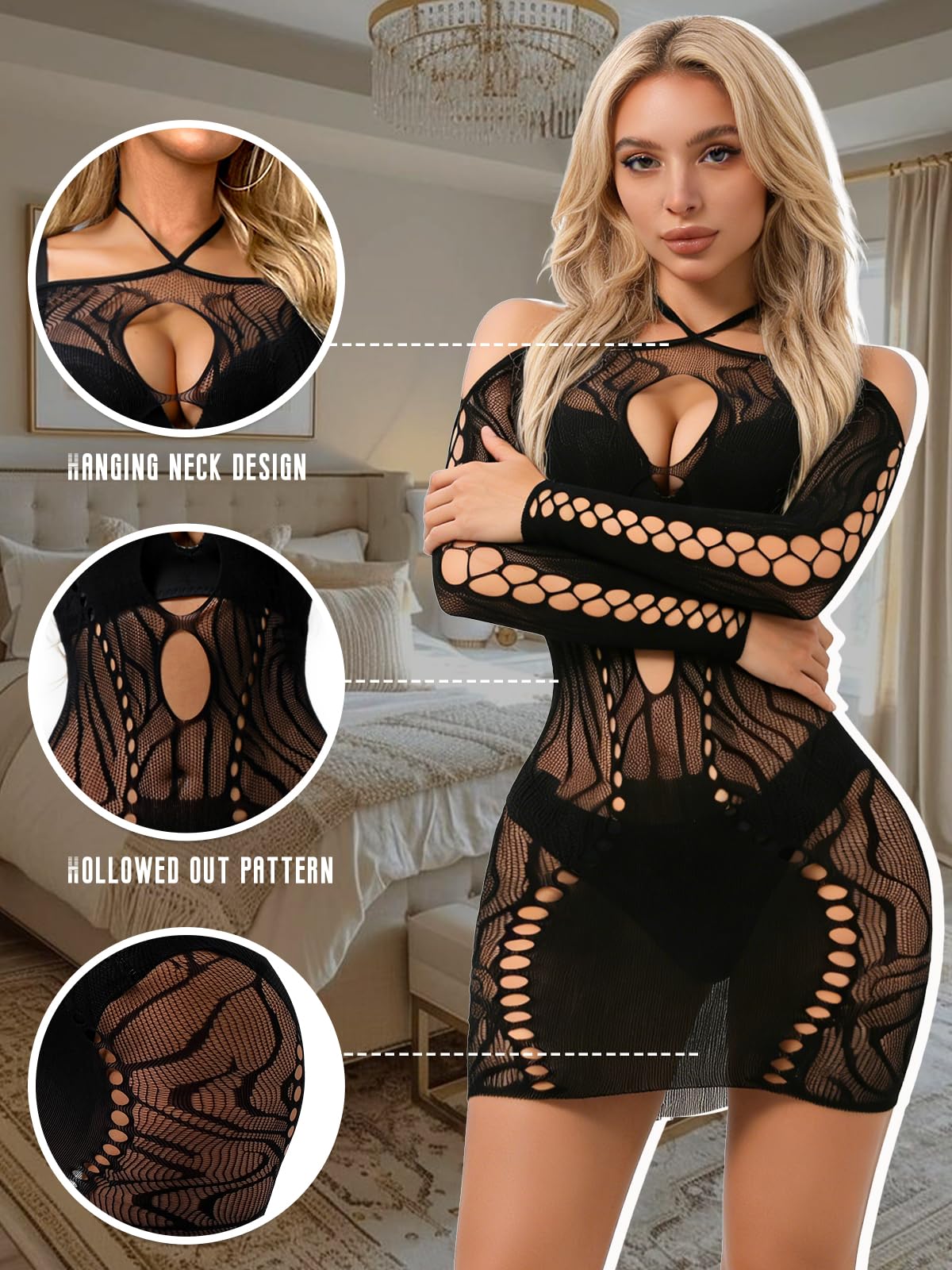 Buitifo Damska Seksowna Bielizna Sukienka Halter Bodycon Midi Sukienki Siateczkowa Bielizna Nocna