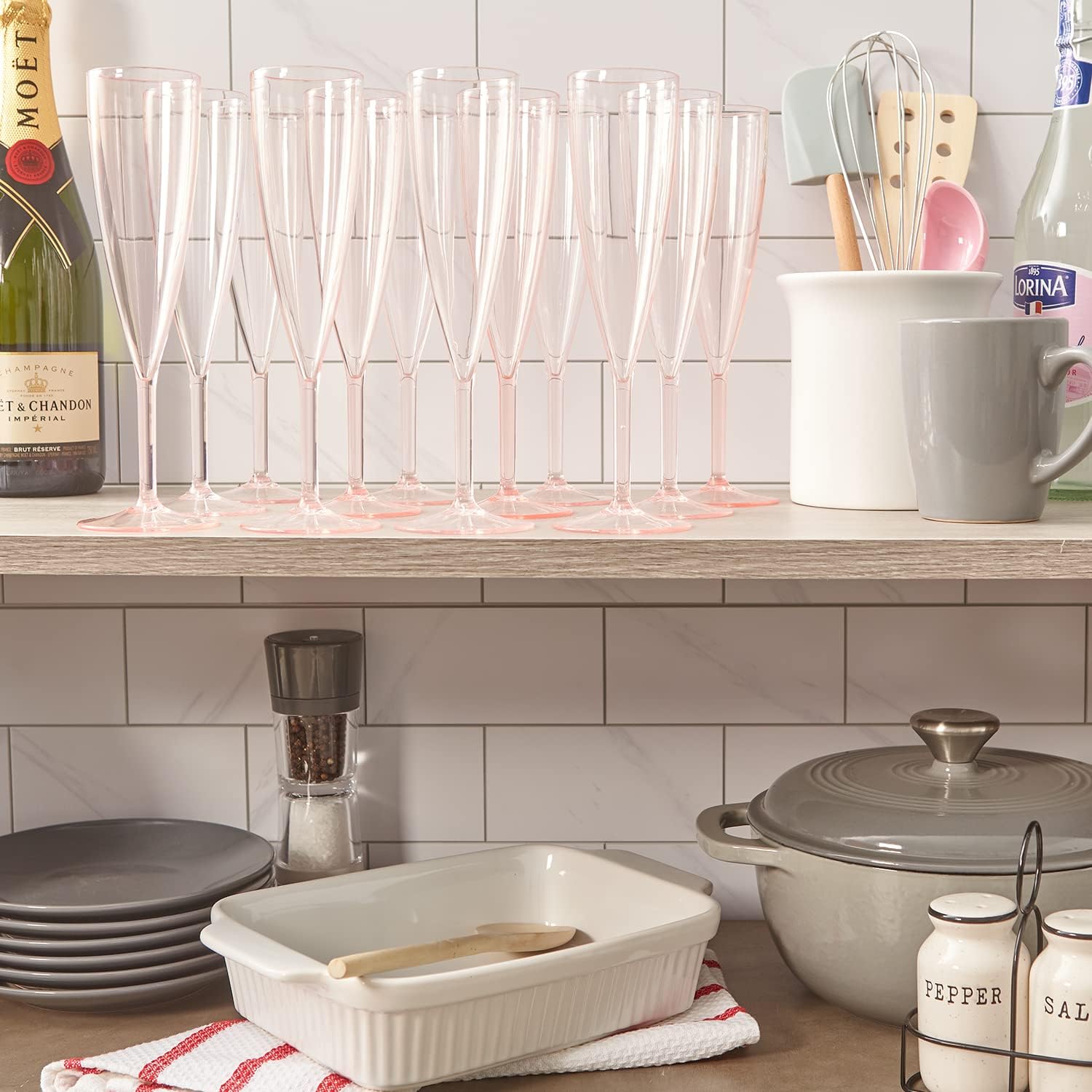 US Acrylic Plastic Reusable Champagne Flute (Set of 12) Rose Pink 5oz Stems | BPA-Free, Shatterproof, Made in USA | Top-Rack Dishwasher Safe
