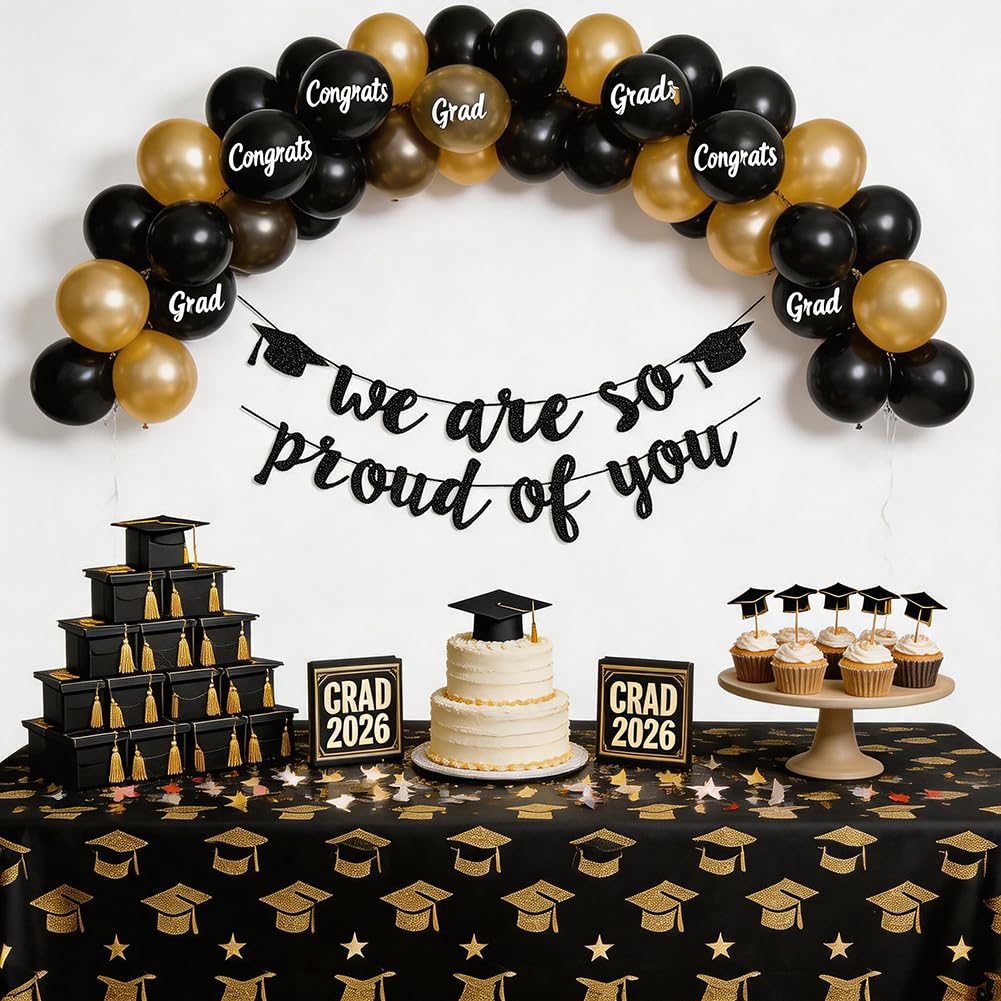 2021 banery z okazji ukończenia szkoły, dekoracje imprezowe, czarny brokat 'We are So Proud of You' banery z okazji ukończenia szkoły, domu, dekoracje samochodowe