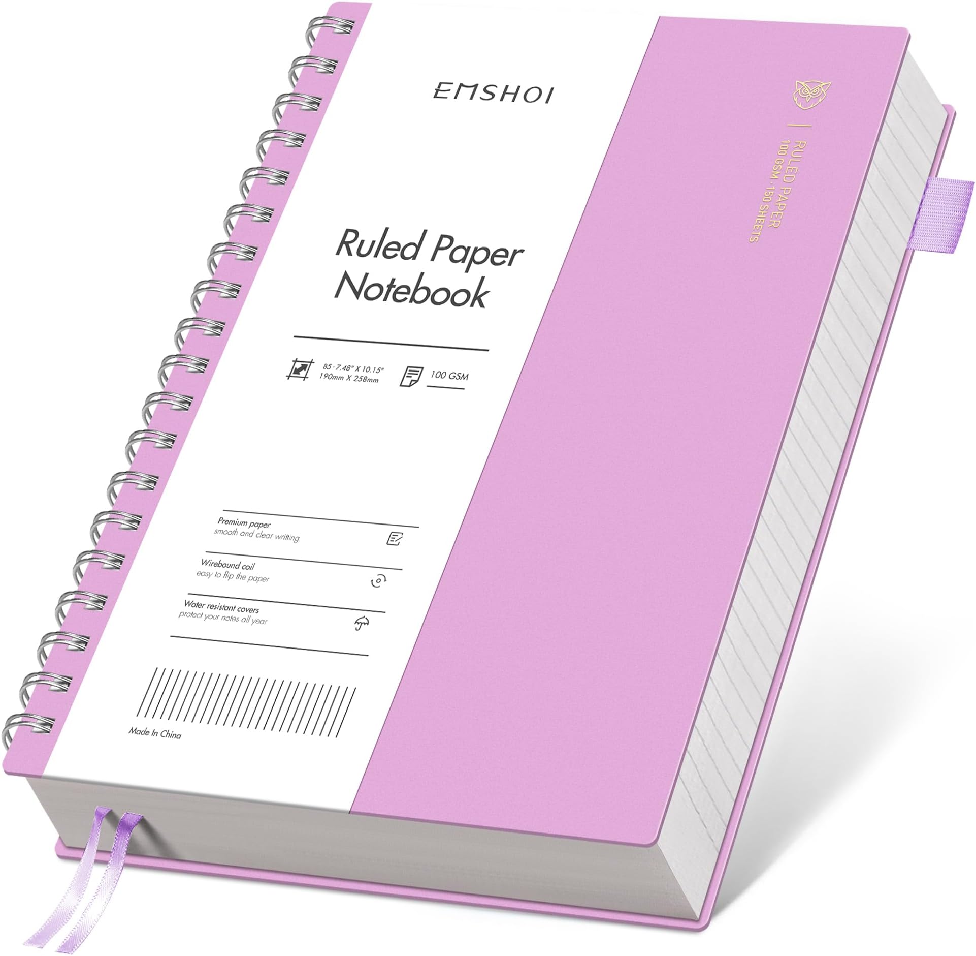 EMSHOI B5 Spiral Notebook College Ruled Lined Journal, Large 7.48" X 10.15", 300 Pages/150 Sheets, 100gsm Thick Paper, Waterproof Hardcover, for Office School Women Men Work Writing Notes-Purple | College Ruled, 100 GSM Thick Paper, Flexible Plastic Cover, for School, Writing, Work, Office & Journaling (Purple)