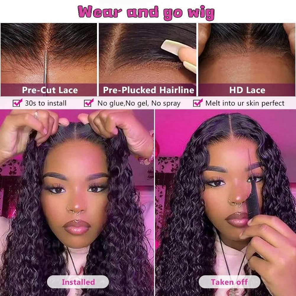 5x5 Hd Lace Closure Glueless Wigs Human Hair Pre Plucked Pre Cut Deep Wave 100% Raw Human Hair Wig Reay to Wear and Go Curly Closure Wig for Black Women Human Hair Wet and Wavy Natural Hairline