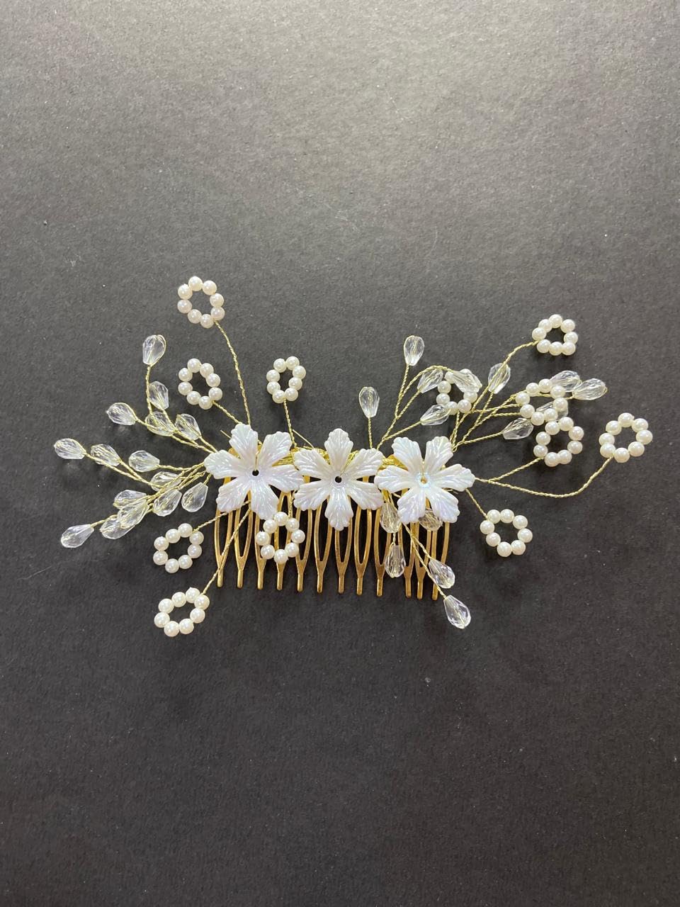 Elegant Bridal Hair Comb with Pearl Flowers, White Crystal and Pearl Embellished Wedding Hair Accessory, Gold Metal Base 1