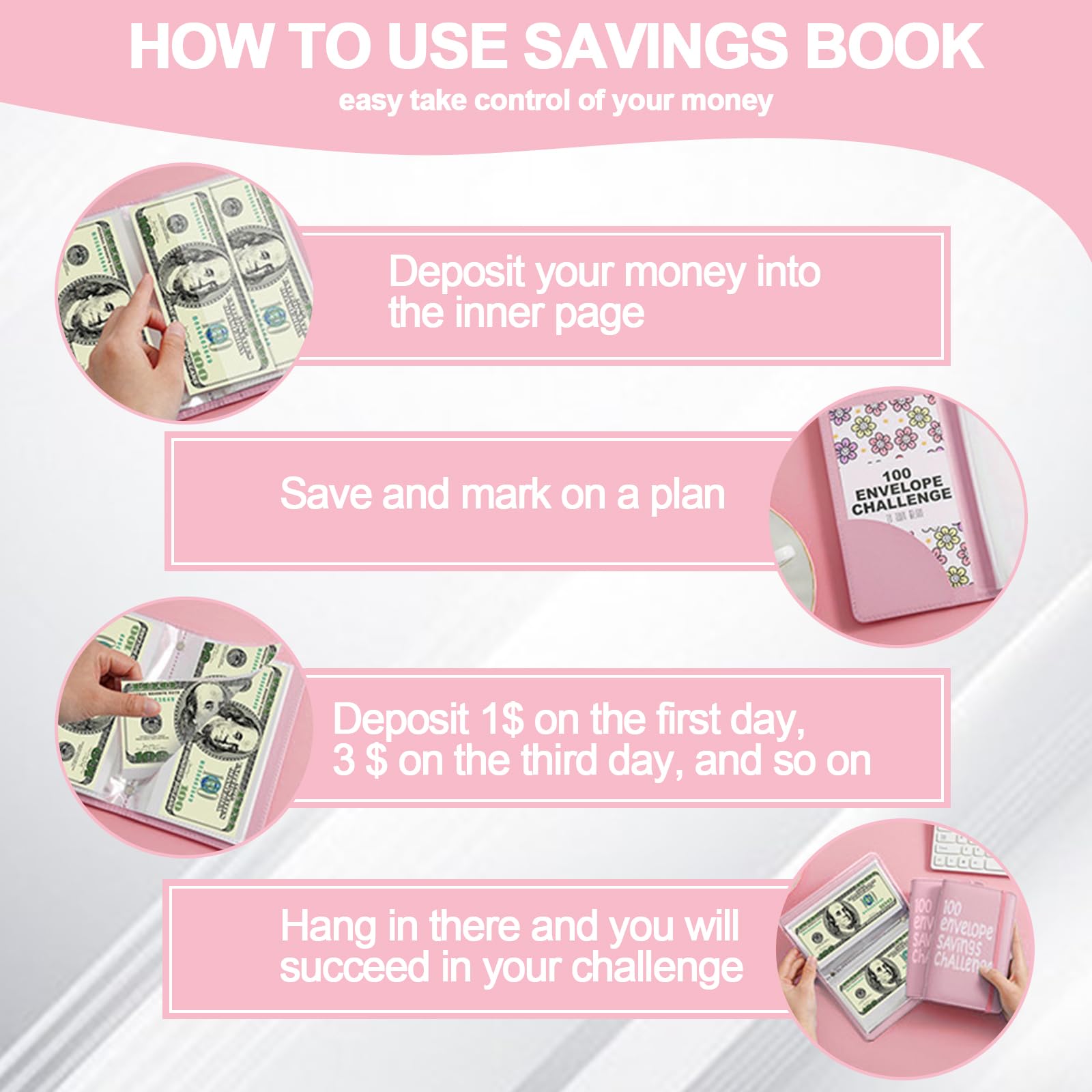 100 Envelope Savings Challenge Book, Reusable A6 Money Budget Binder or Cash Envelopes, Saving Challenges Book Easy and Fun Way to Save $5,050, Cash Wallet Envelope for School, Home, Office（Pink） - 4