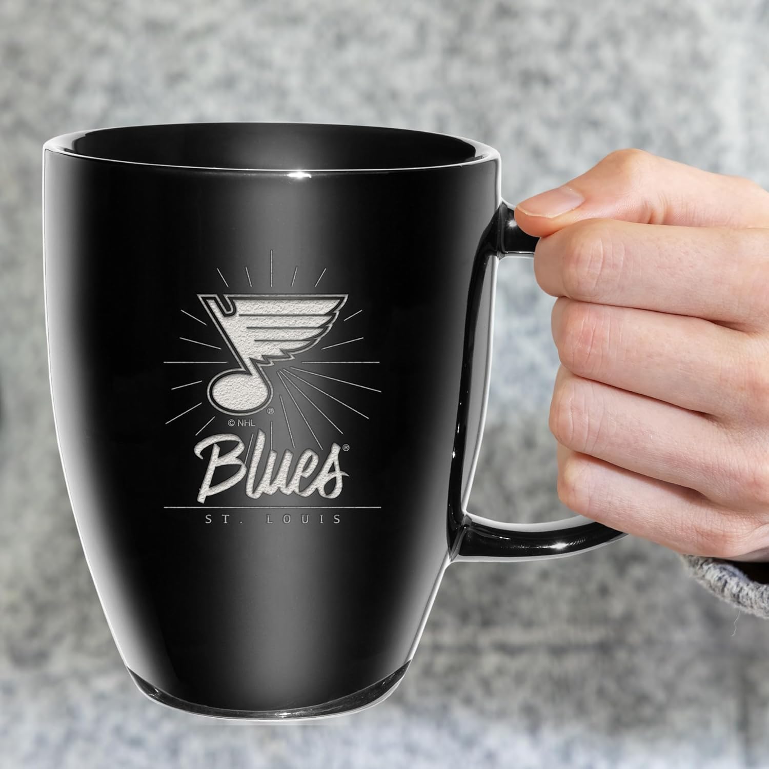 Rico Industries NHL Hockey St. Louis Blues Sunburst Black 18oz Laser Engraved Ceramic Lustre Mug - Image 3