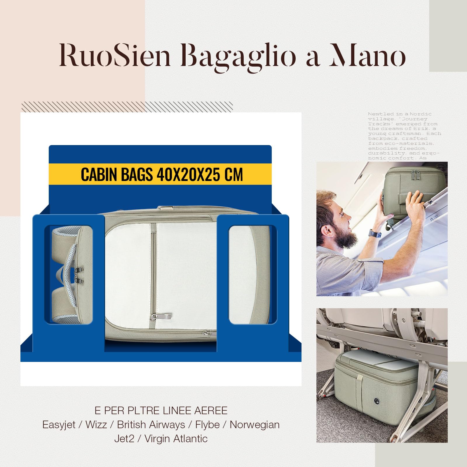 RuoSien per Zaino Ryanair 40x20x25,Zaino da Viaggio Aereo Bagaglio a Mano 40x20x25 Ryanair,Borsa da Cabina per Laptop da 14 Pollici Zaino Casual da Uomo e da Donna Lavoro
