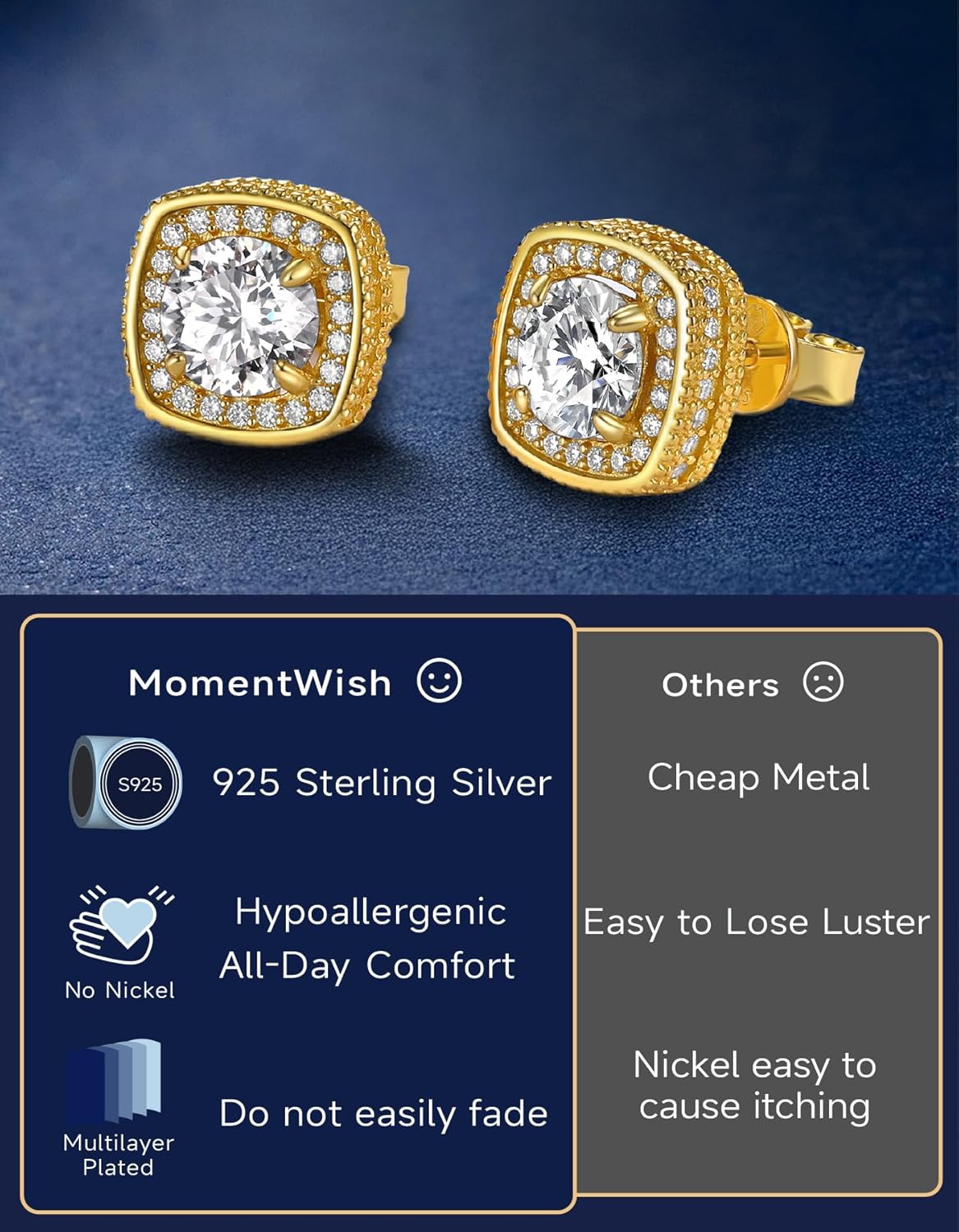 MomentWish 14K Gold Plated Stud Earrings, Birthday Gifts for Women, 1-2 Carat Moissanite Earrings, Lab Created Diamond Earring, Yellow/Rose Gold Plated 925 Sterling Silver Earring Jewelry Women Men