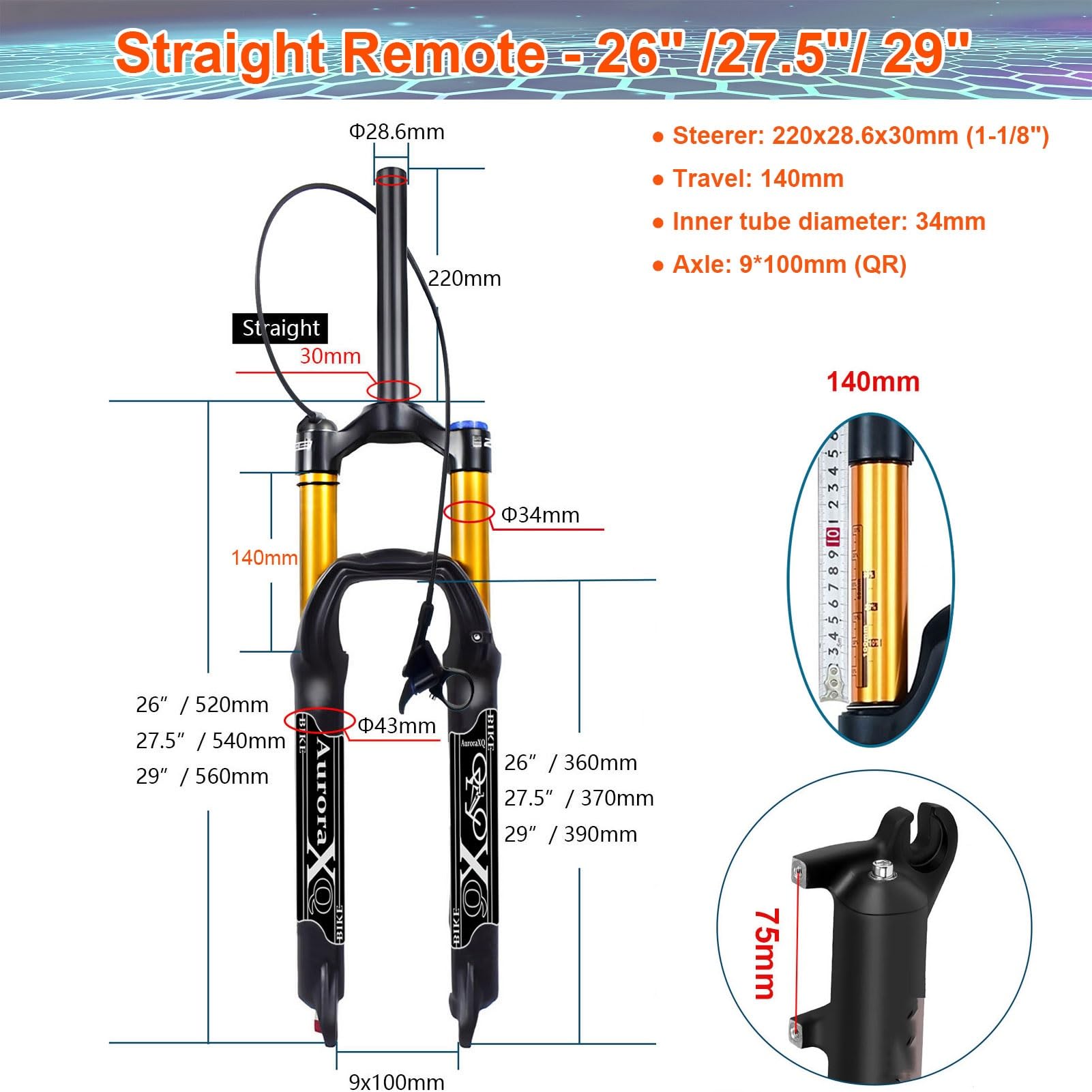 Forcella Anteriore per Mountain Bike AuroraXQ 26/27,5/29 Pollici, Dritta/conica, Freno a Disco, Lega di magnesio, Escursione 140 mm, sgancio rapido 9 mm, Forcella Ammortizzata per