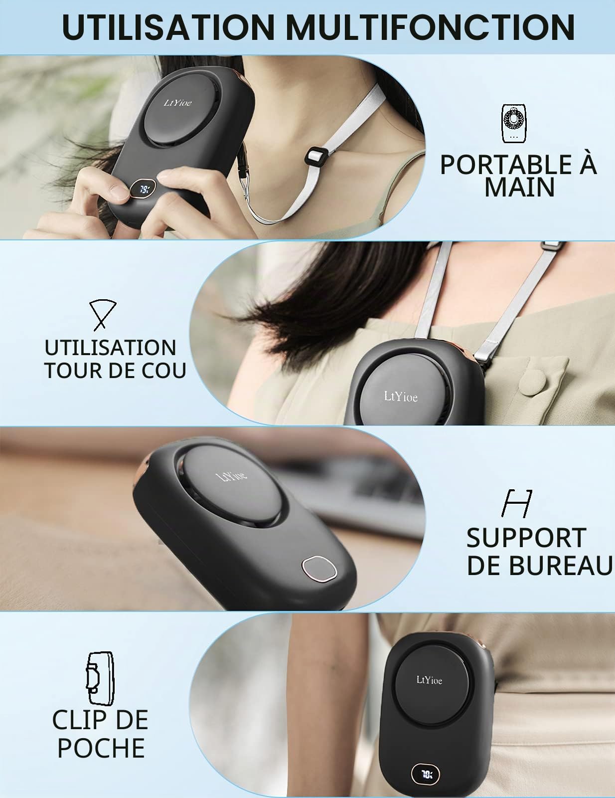 LtYioe Mini ventilateur portable USB avec 3 vitesses réglables, multifonctionnel, batterie rechargeable et écran LED pour voyages, maison, extérieur, bureau (noir)