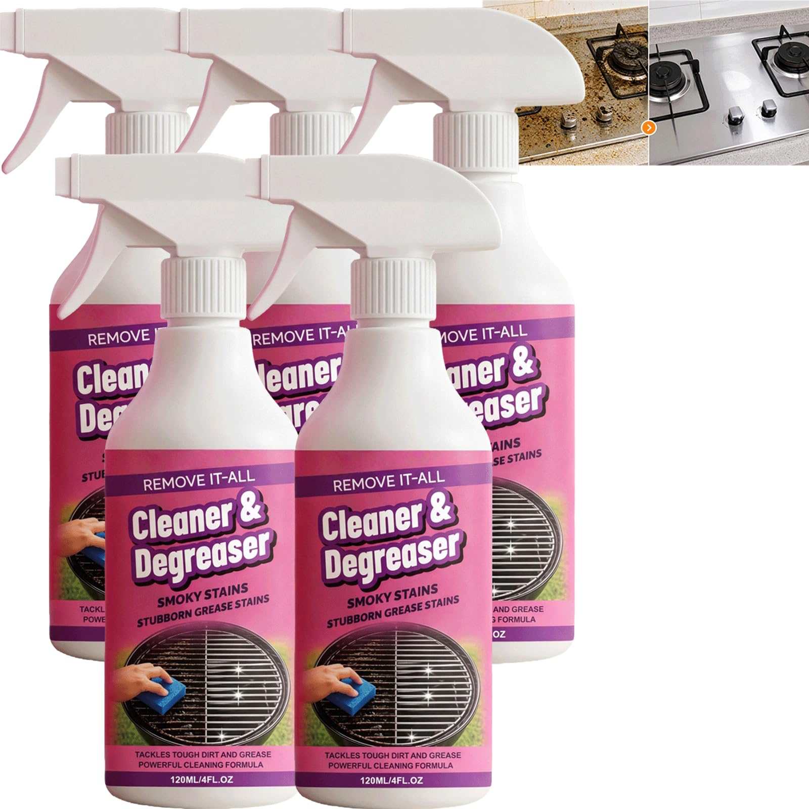 Spray desengrasante de cocina multiusos para trabajo pesado - Limpiador de manchas de aceite multisuperficie | Potente limpiador de espuma para alimentos quemados, grasa y barbacoa, (5 piezas)