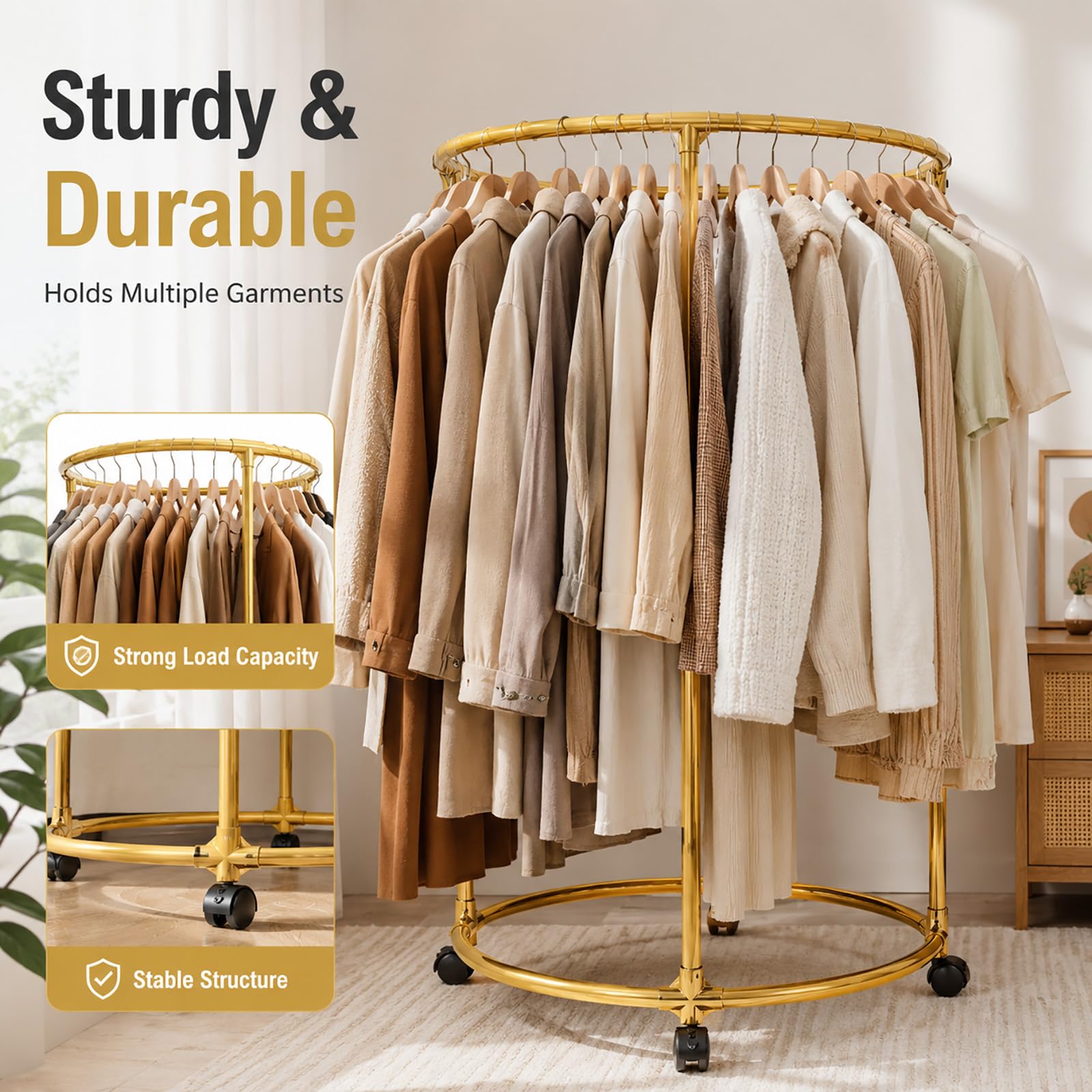 Perchero Redondo Giratorio 360° con Ruedas, Burro para Ropa Metálico de Gran Capacidad, para Dormitorio, Vestidor, Lavandería y Tienda de Ropa black