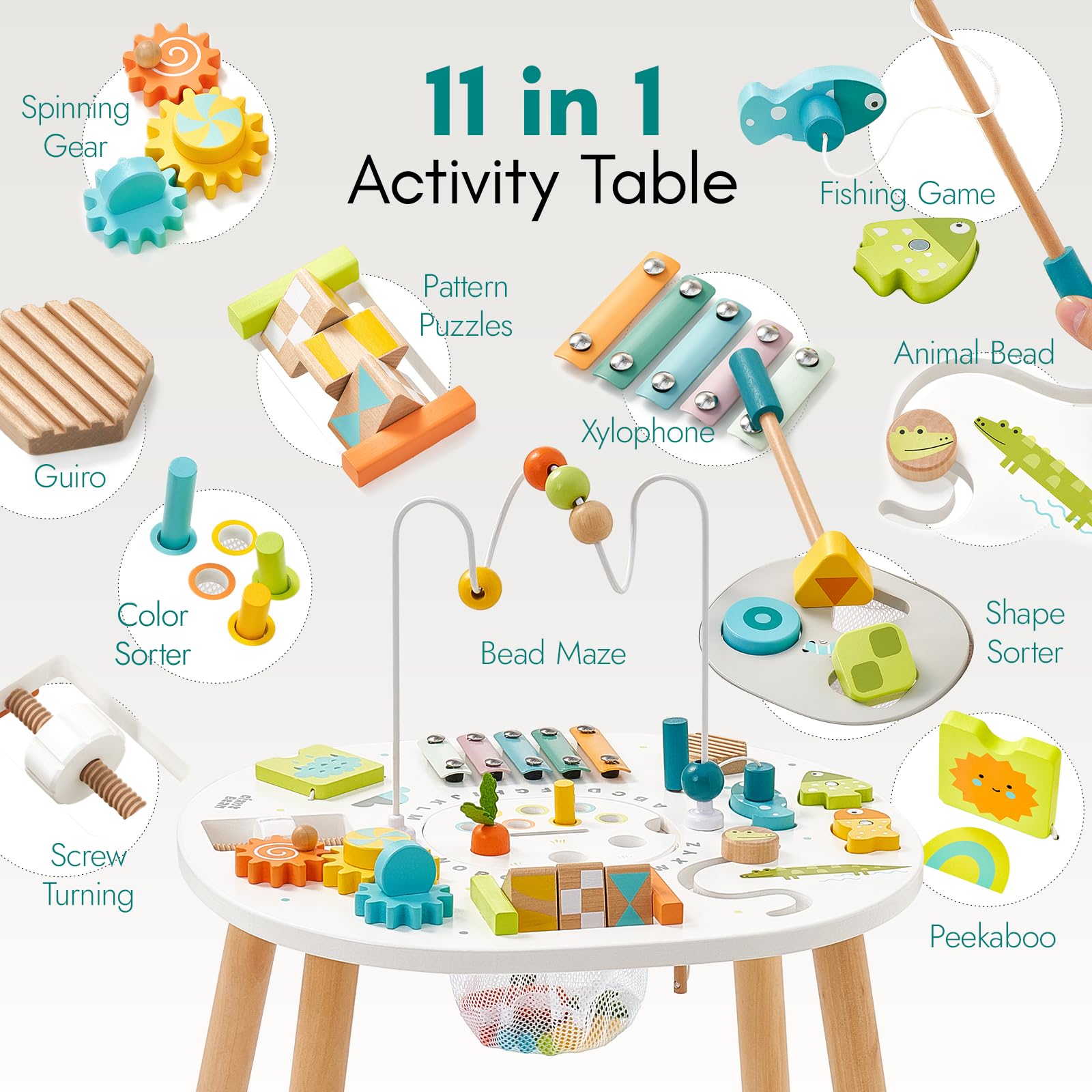 Giant bean Mesa de actividades de madera para niños de 1 año, mesa de aprendizaje Montessori 11 en 1 con laberinto de cuentas, clasificador de formas, juego de pesca y más, juguete de desarrollo
