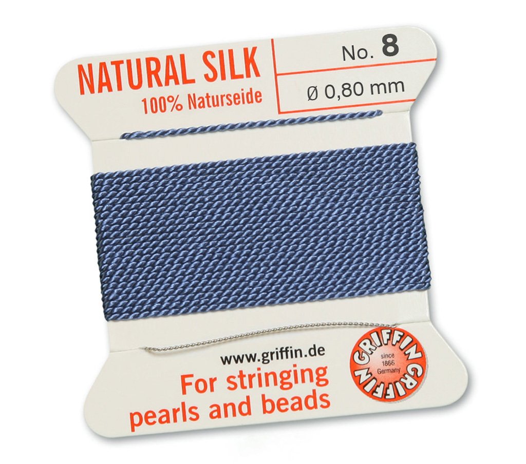 GRIFFIN 100% Natural Silk Beading Cord String Thread - Blue - 2 metres with one needle - Size 0.80mm