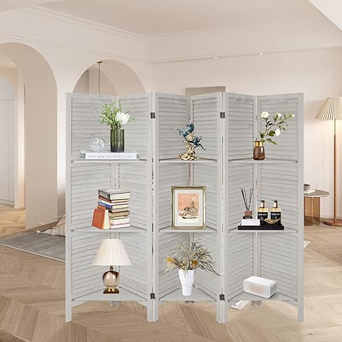 Miniatura 3 de Babion Divisor de habitación de 6 paneles con estantes, divisor de habitación plegable de madera, pantalla divisora de habitación de pared temporal,