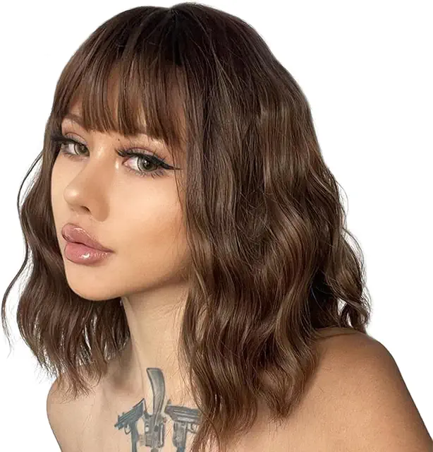 Peluca Corta Marrón Ondulada 35 cm - Pelo Natural Sintético para Mujer