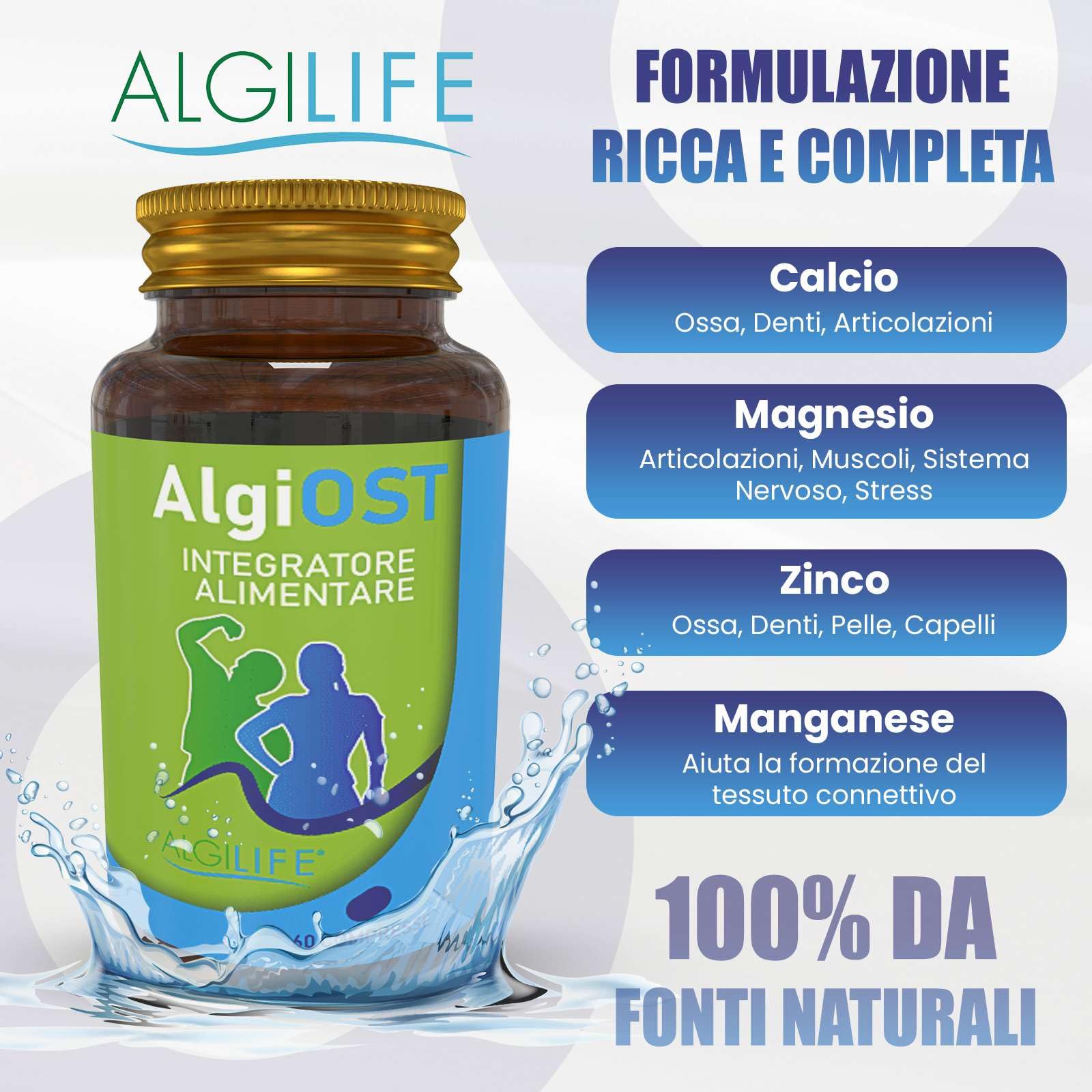 Calcio Magnesio Zinco e Vitamina D3 K2, Vitamina C, Manganese (60 Compresse Vegane) AlgiOST ALGILIFE - ZMA Integratore Magnesio, Calcio Integratore, Zinco Integratore per Ossa, Denti, Articolazioni