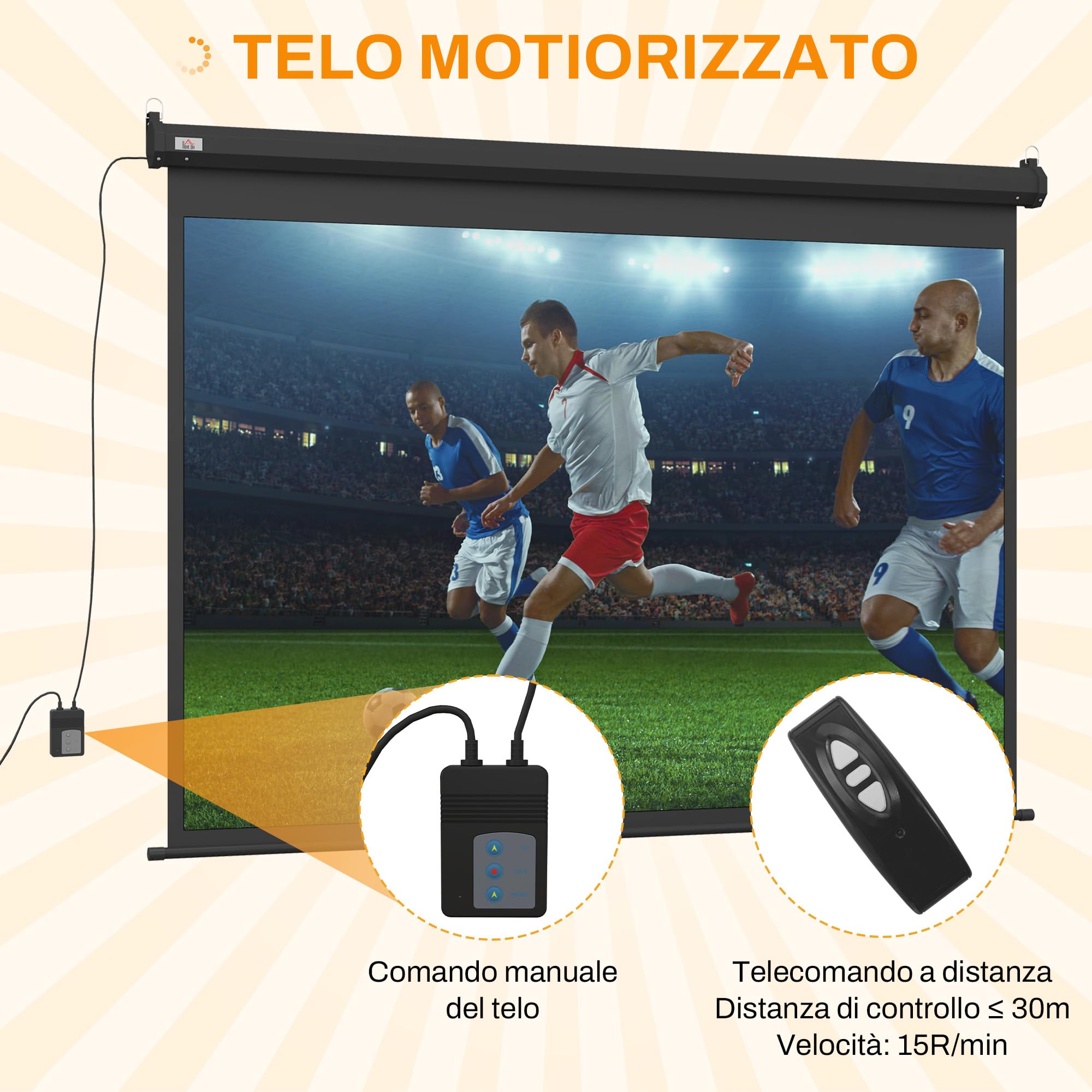 HOMCOM Telo Proiettore Motorizzato da 100 Pollici 4K HD Formato 4:3, Schermo Proiettore Motorizzato Elettrico Antirughe con Telecomando, Telo Videoproiettore per Casa, Cinema, Ufficio, Home, Nero