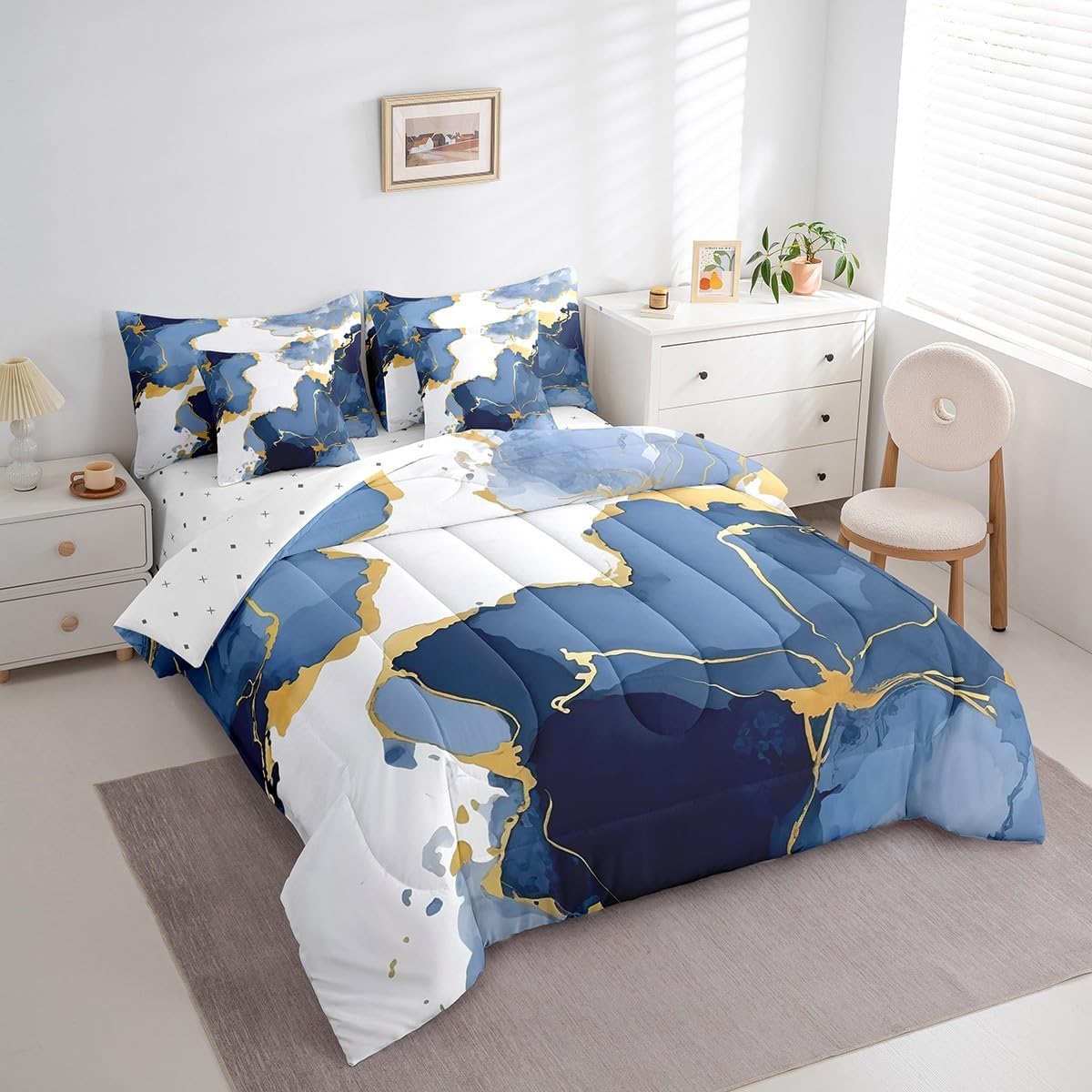Erosebridal Navy Blue Marbling Queen Comforter Set 7 Pieces Watercolor Aesthetic Bedding Comforter Sets, Foil Print Marble Bed in a Bag Modern Abstract Art Bedding Set, Gold Metallic Bed Sheets Set