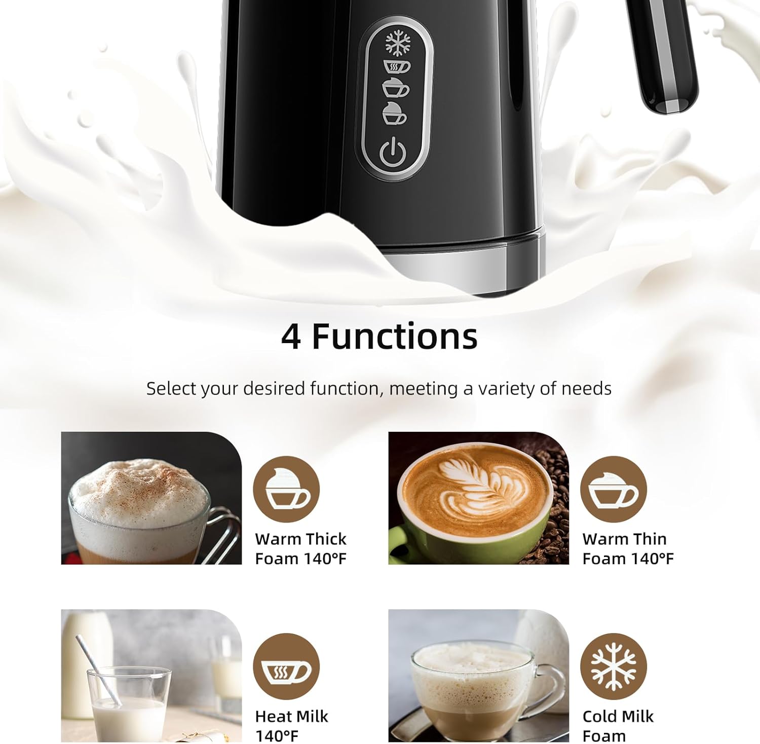 BioloMix BMF101 Electric Milk Frother showing four function icons: Warm Thick Foam, Warm Thin Foam, Heat Milk, Cold Milk Foam