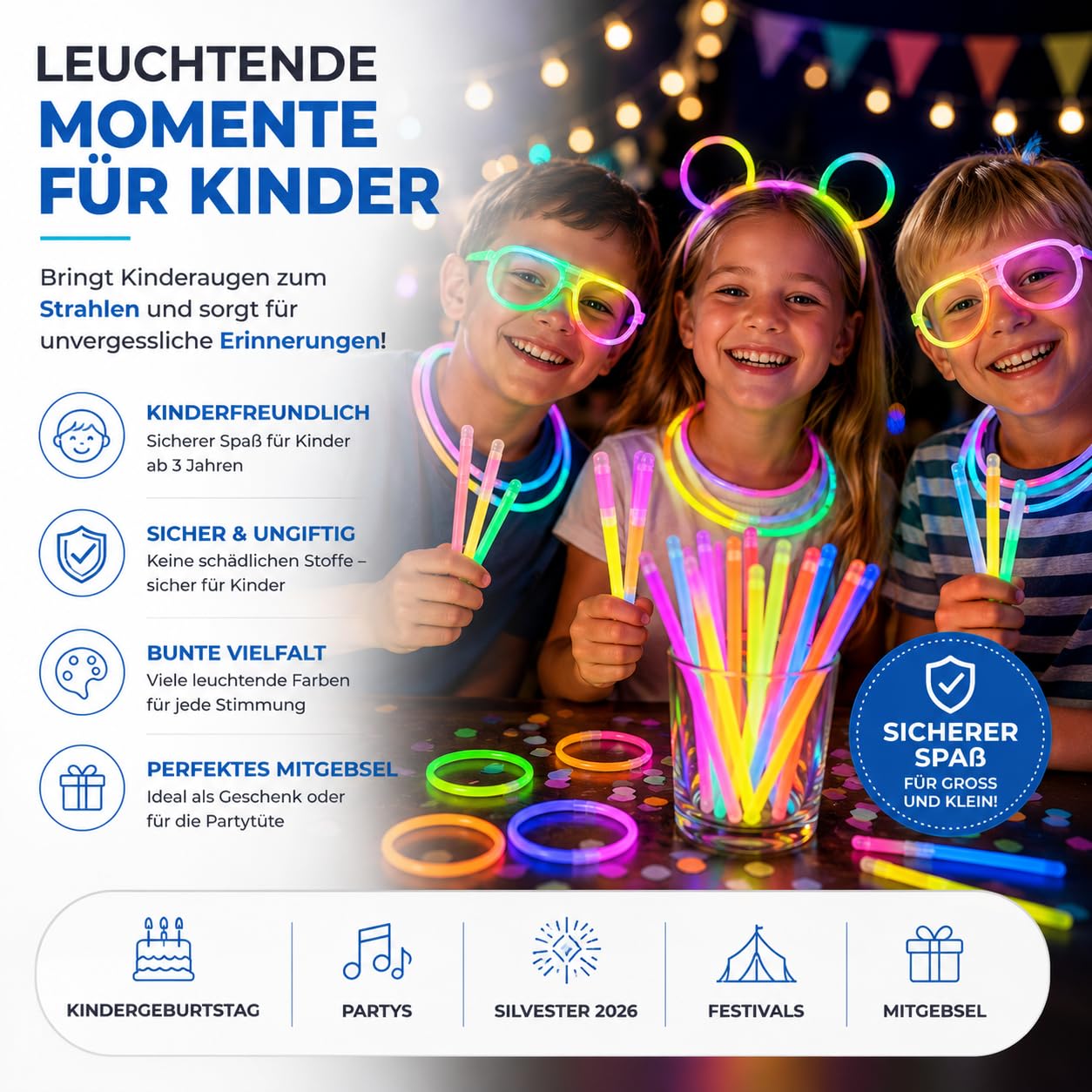 PYROHELD 1000x Knicklichter - Leuchtstab - extra Hell & Lang - in bunten Farben für Kindergeburtstag, Party, Silvester, Mitgebsel, Festival, Geburtstag - Glow Sticks mit Verbinder (1000)
