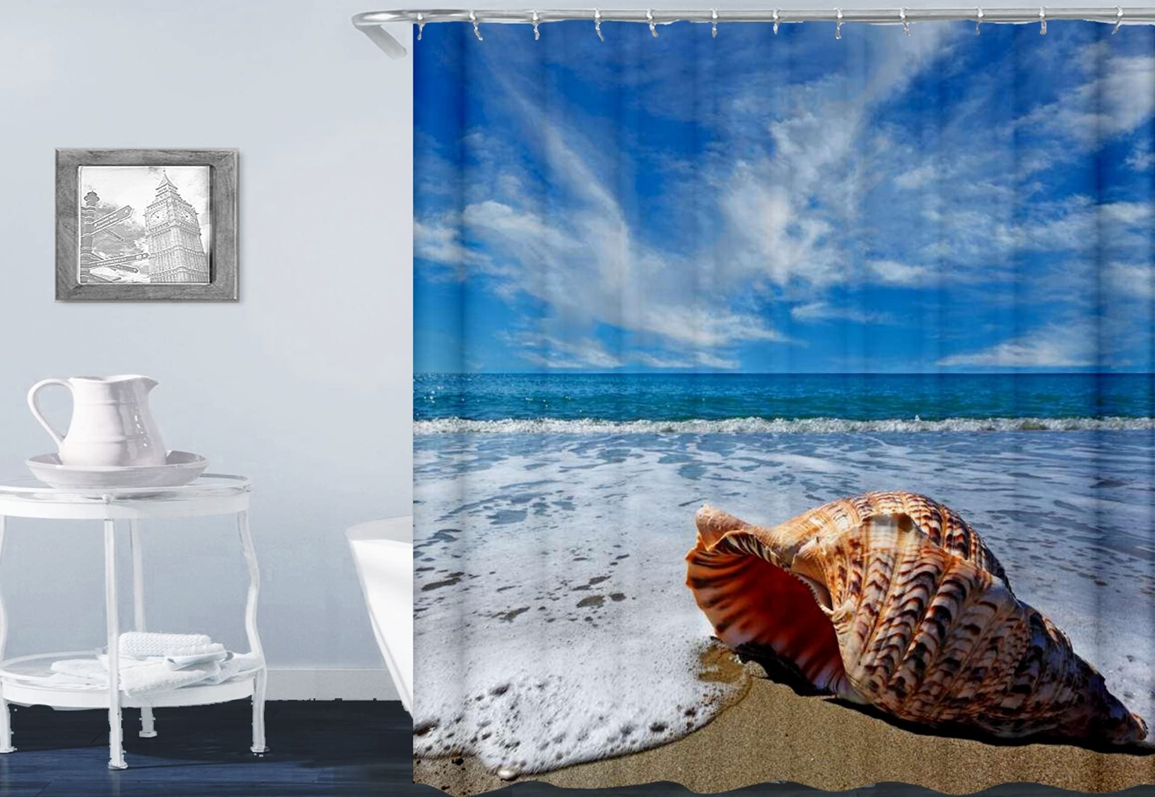 Rideau de douche plage et conque pour une ambiance marine relaxante