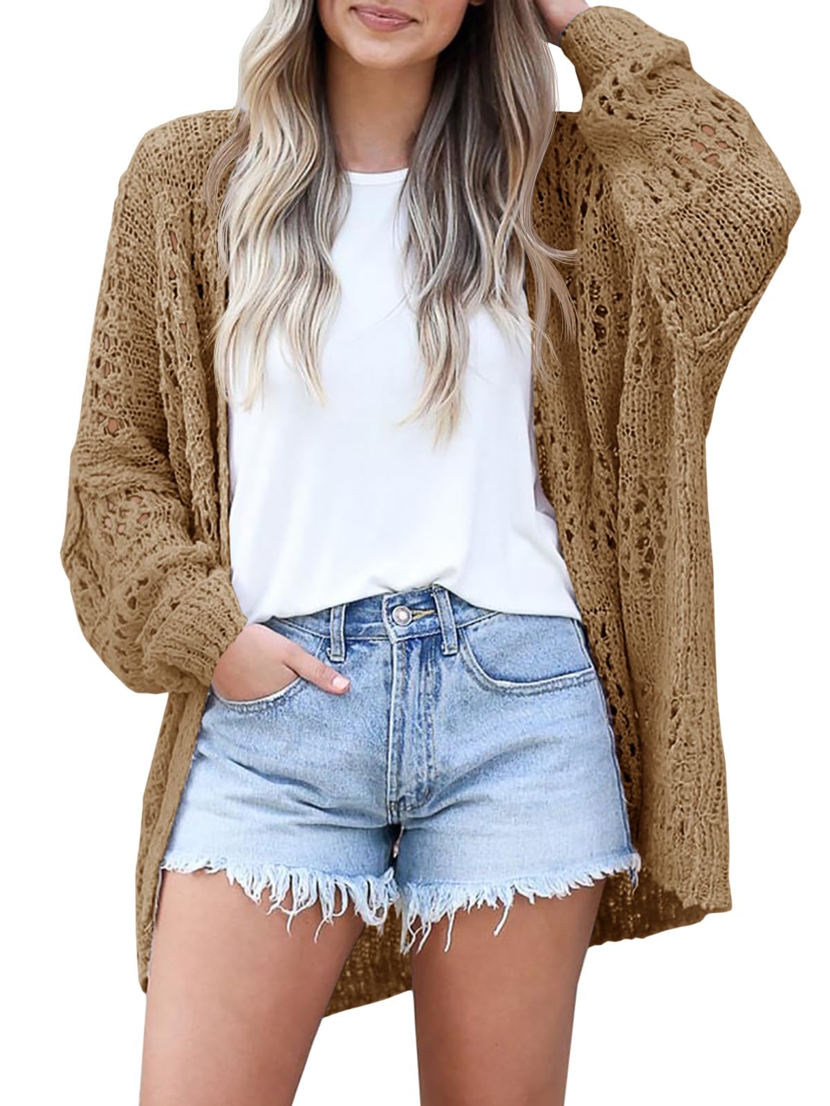 Ermonn Womens Crochet Cardigan Sweater Kimonos Boho Solid Color Oversized Spring Open Front Outwear