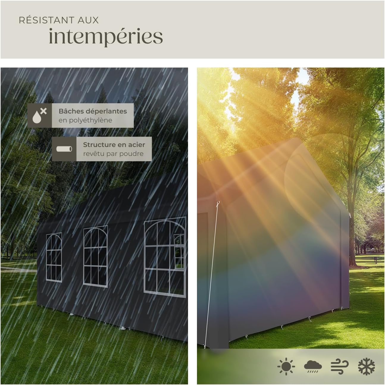 Two images demonstrating the weather resistance of the TecTake Garden Gazebo: one showing it in rain, the other in bright sunlight.