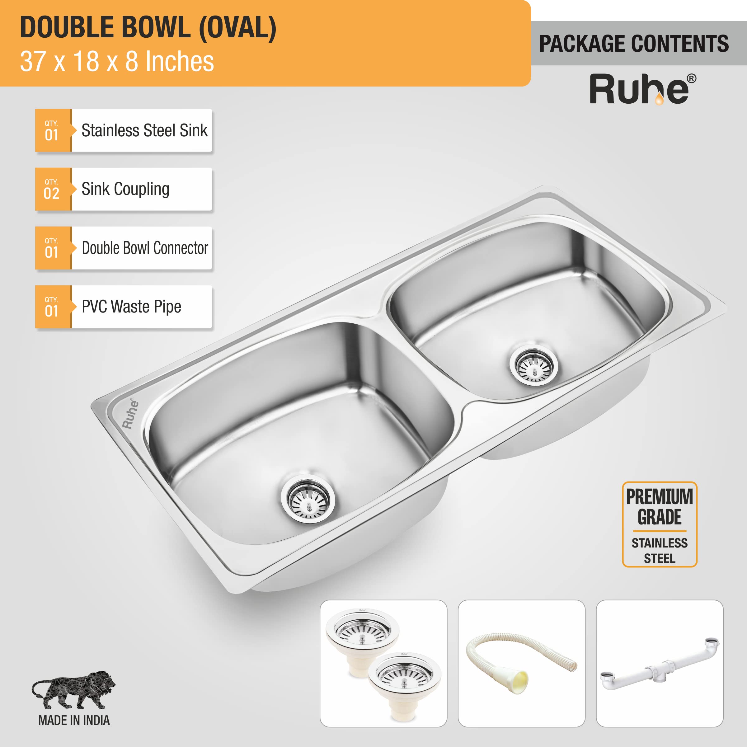 RuheοΏ½ Oval Double Bowl 37 x 18 x 8 inches Kitchen Sink | Premium Stainless Steel Oval Double Bowl Kitchen Sink | Glossy Finish | Sink Coupling and Waste Pipe 4