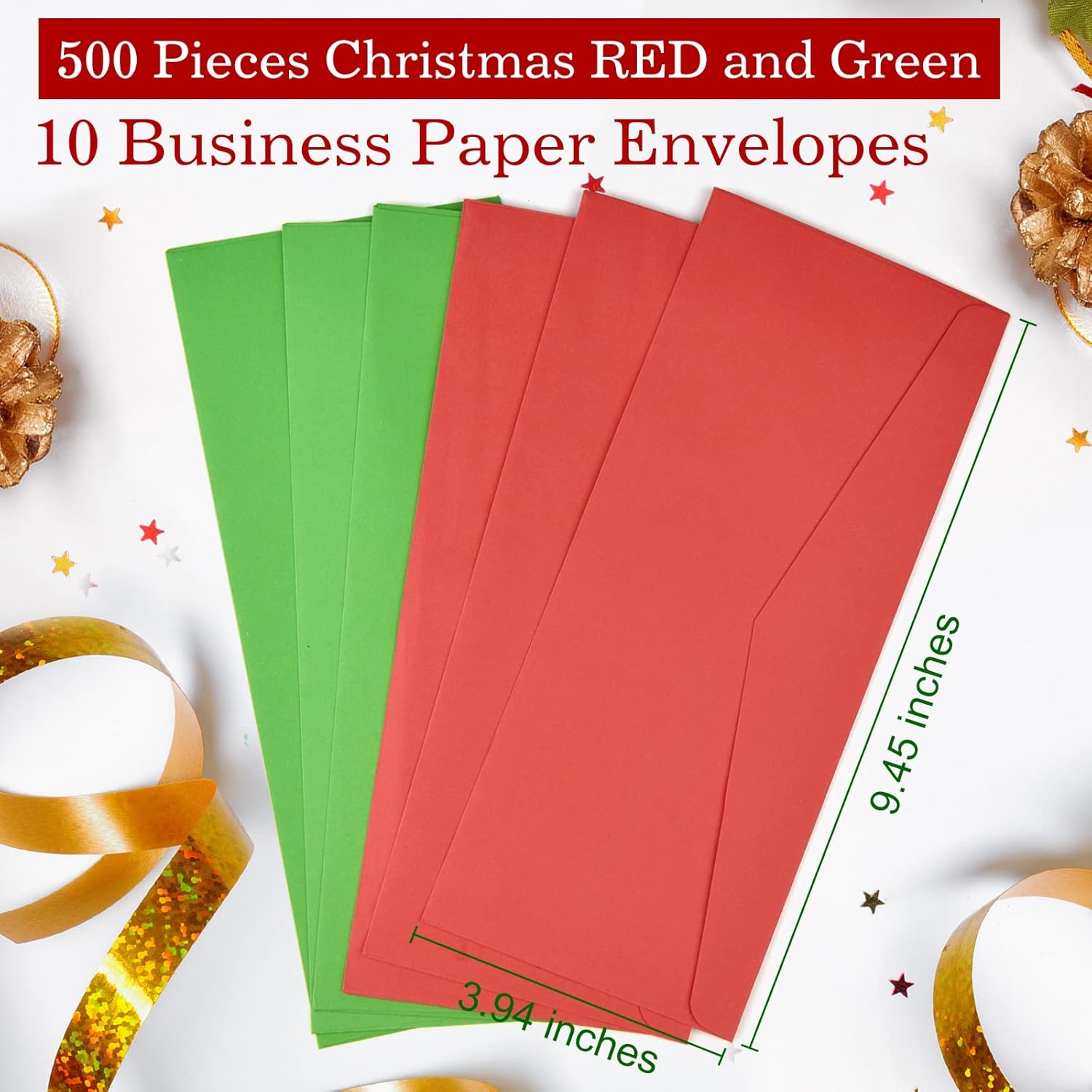 500 Pieces #10 Regular Bussiness Envelopes Bulk (9.45 x 3.94 Inches) Christmas Greeting Card Envelopes Perfect for Checks, Invoices, Letterhead, Letters, Currecy (Red and green)