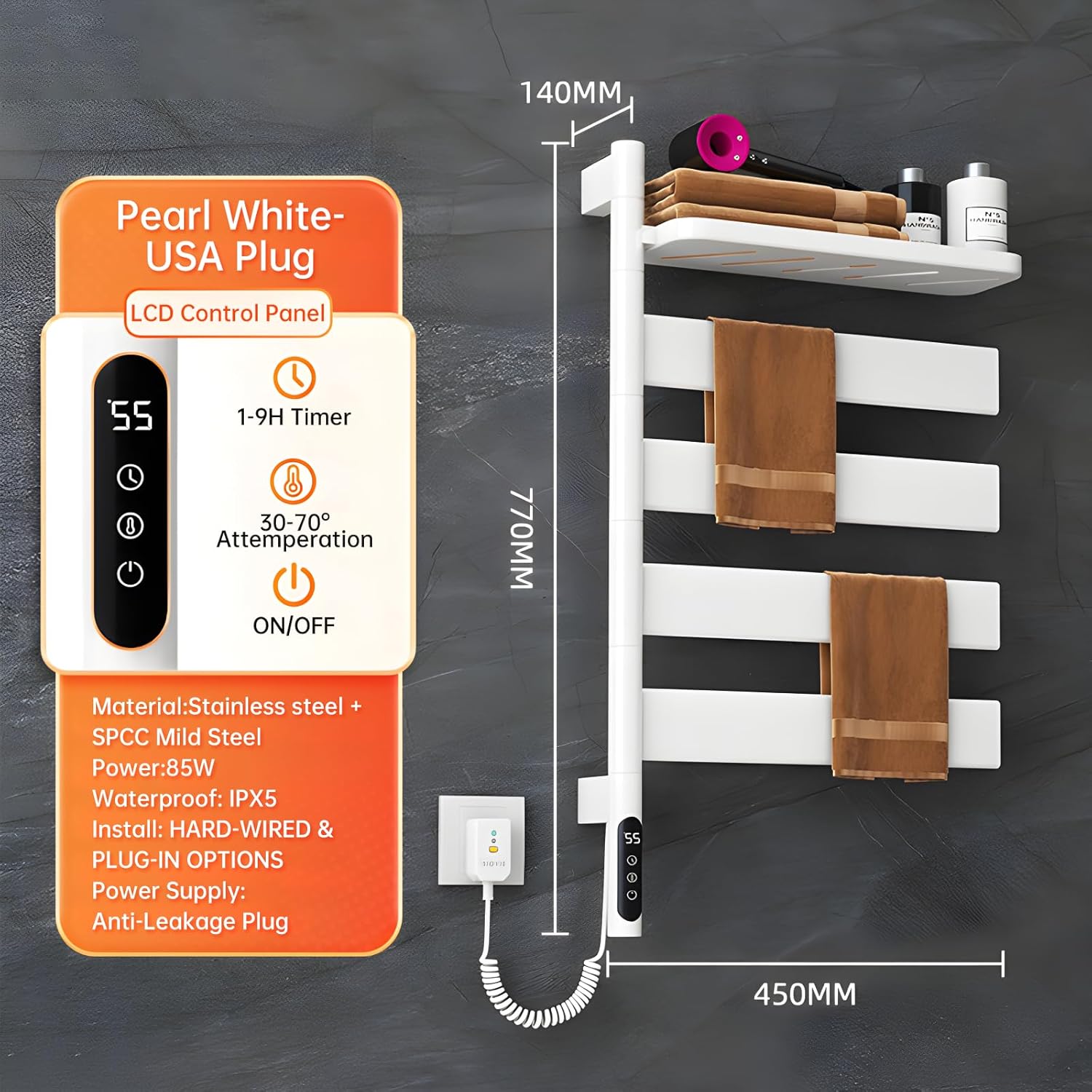 Swivel Heated Towel Rack, Wall Mounted Electric Towel Warmer Rack, 4 Square Bars Towel Dryer with Tray, Towel Heater with LED Timer and Temperature Control for Home, Bathroom (G69-White)