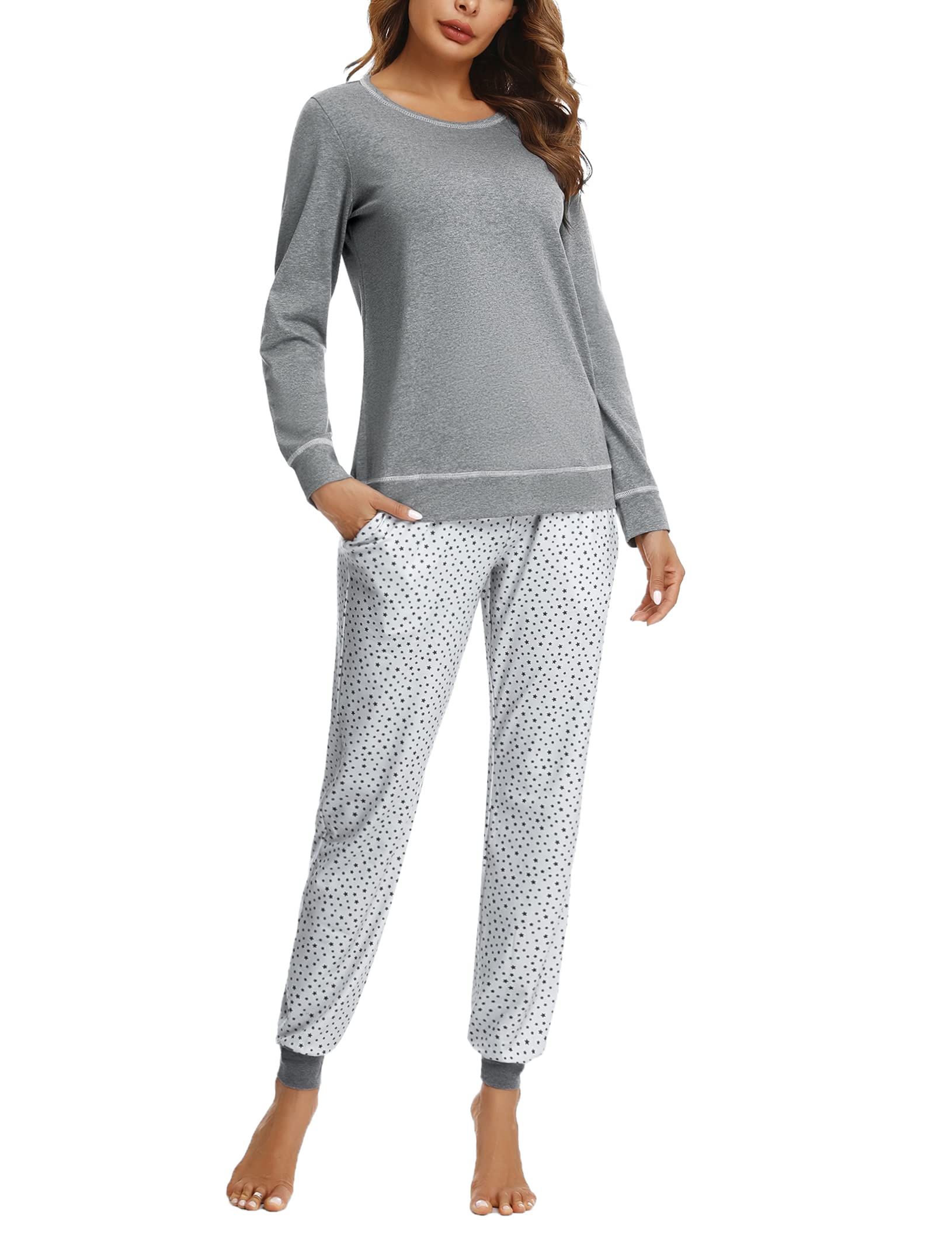 Pajama Sets for Women Cotton Sleepwear Pj Set Long Sleeve Top&Star Print Pants with Pockets
