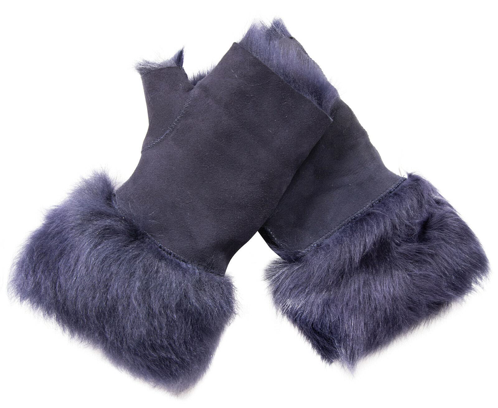 Infinity Leather Women's Navy Shearling Mittens Fingerless Cuffs Toscana Suede Sheepskin Fur In