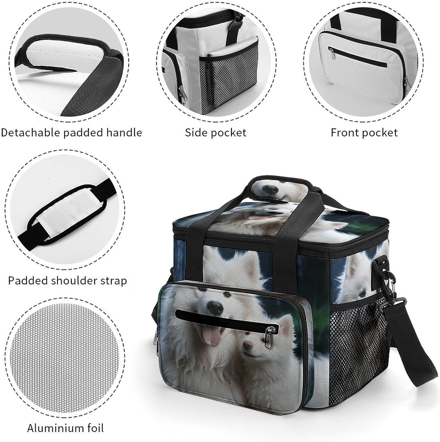 Camping Ice Pack, White Dog Print Cooler Bag, 22.5L Large Capacity Insulated Lunch Tote Bag for Outdoor, Picnic, BBQ, Travel, Work