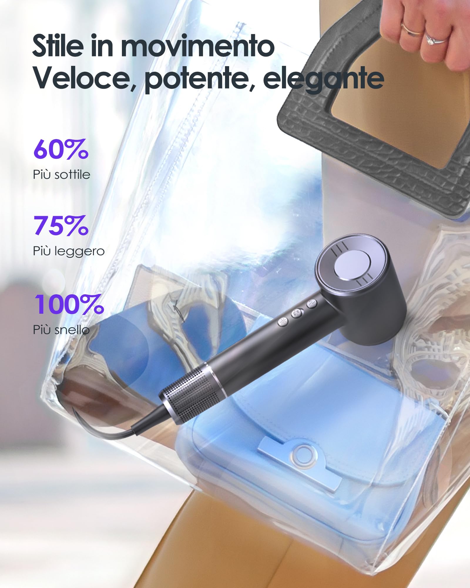 Bopcal Phon Capelli Professionale con Diffusore - 160000 giri/min ad Alta Velocità per Riccioli Secchi, Asciugacapelli con 500 Milioni di Ionico 892-B