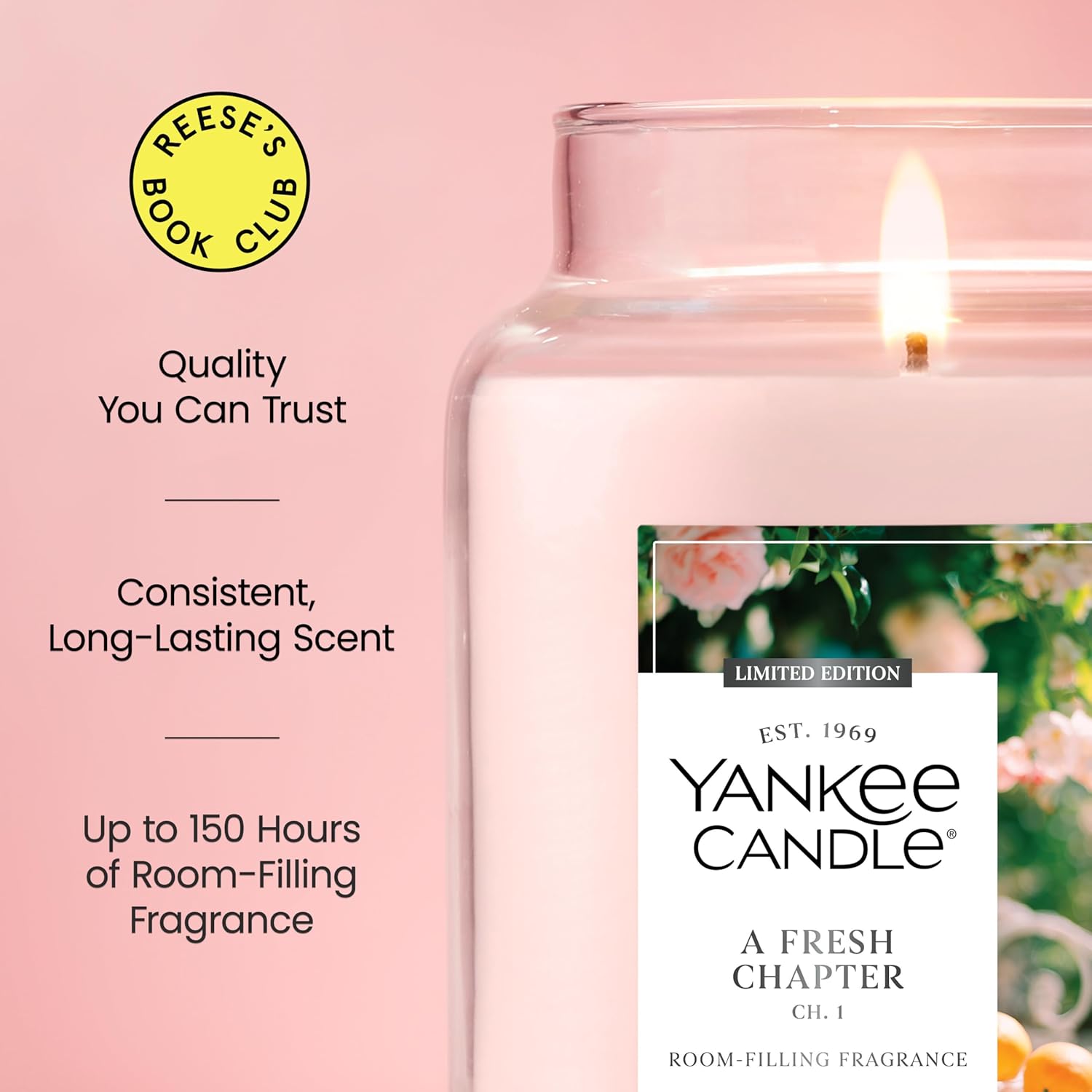 Yankee Candle x Reese’s Book Club, A Fresh Chapter, Spring Scented Candle, Bright Pomelo Scent, Blooming Rose Scent, 22oz Large Jar Candle with up to 150 Hours Burn Time, Giftable